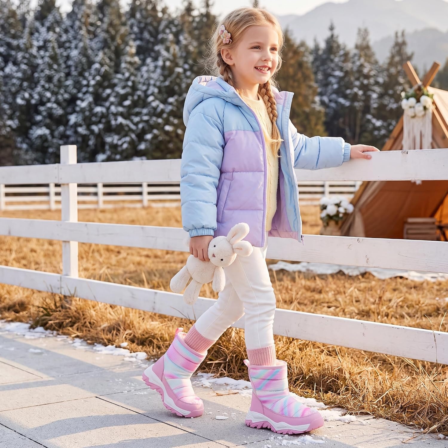 Stelle Toddler Snow Boots Girls Lightweight Warm Winter Shoes | Boys Outdoor Sport, Cold Weather, Water Repellent, Soft Faux Fur Lined, Non Slip, Mid Calf, Hook and Loop, Little & Big Kids(Tie Dye Pink)