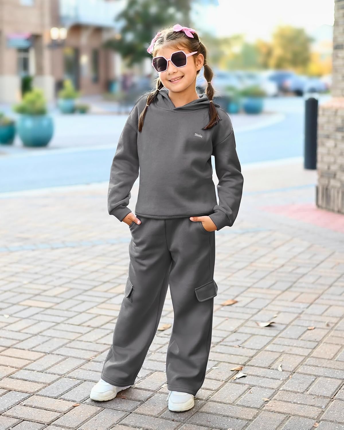 Stelle Girls 2 Pieces Sweatsuit Hoodies Sweatpants Sets 5-15Y(Charcoal)
