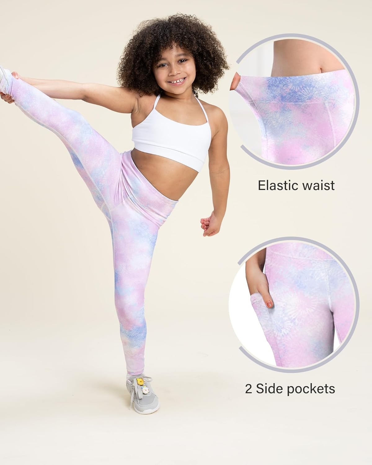Stelle Girls’ Athletic Leggings Kids Dance Running Yoga Pants Workout Active Dance Tights with Pockets(Tie Dye Marshmallow)