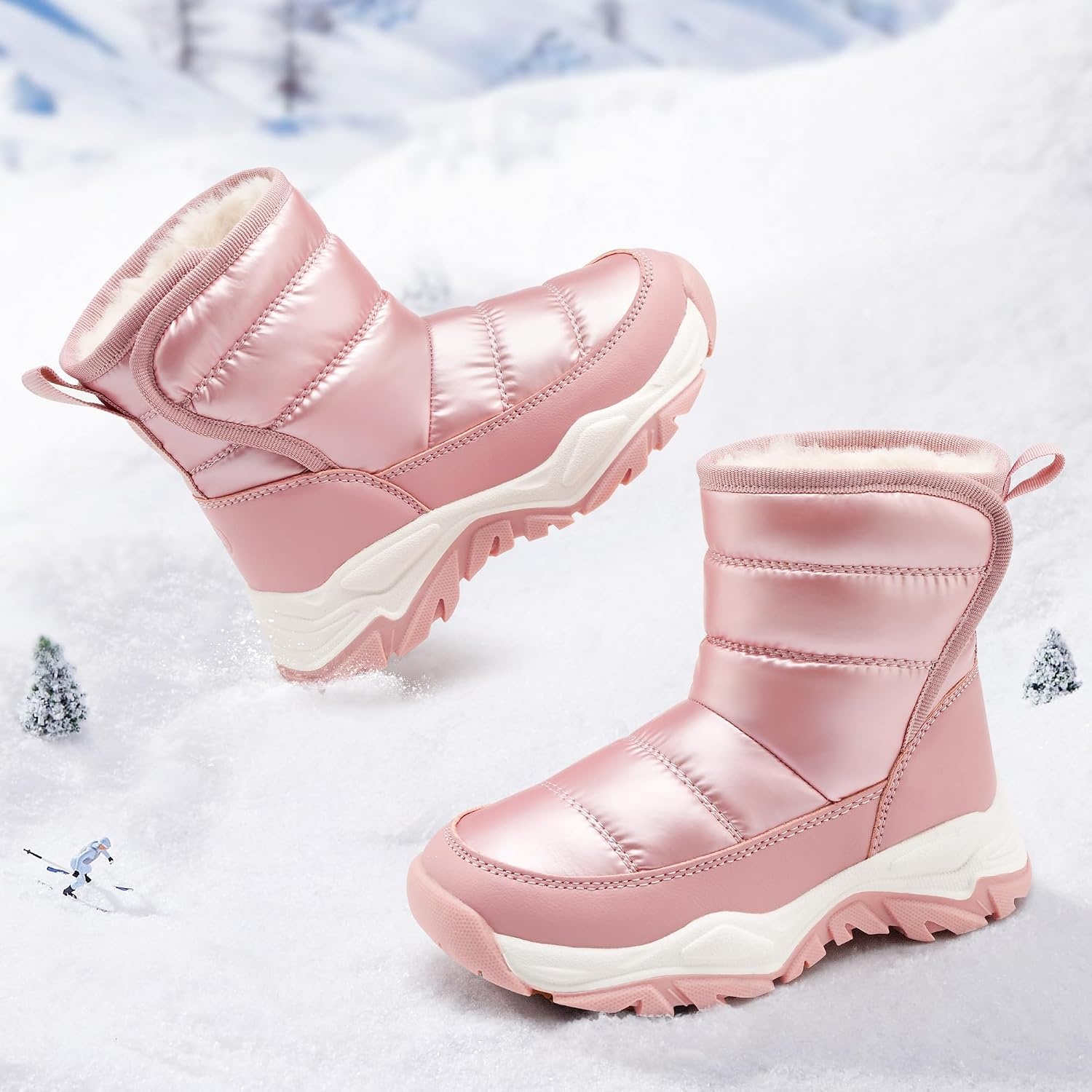 Stelle Toddler Snow Boots Girls Lightweight Warm Winter Shoes | Boys Outdoor Sport, Cold Weather, Water Repellent, Soft Faux Fur Lined, Non Slip, Mid Calf, Hook and Loop, Little & Big Kids(Pink)