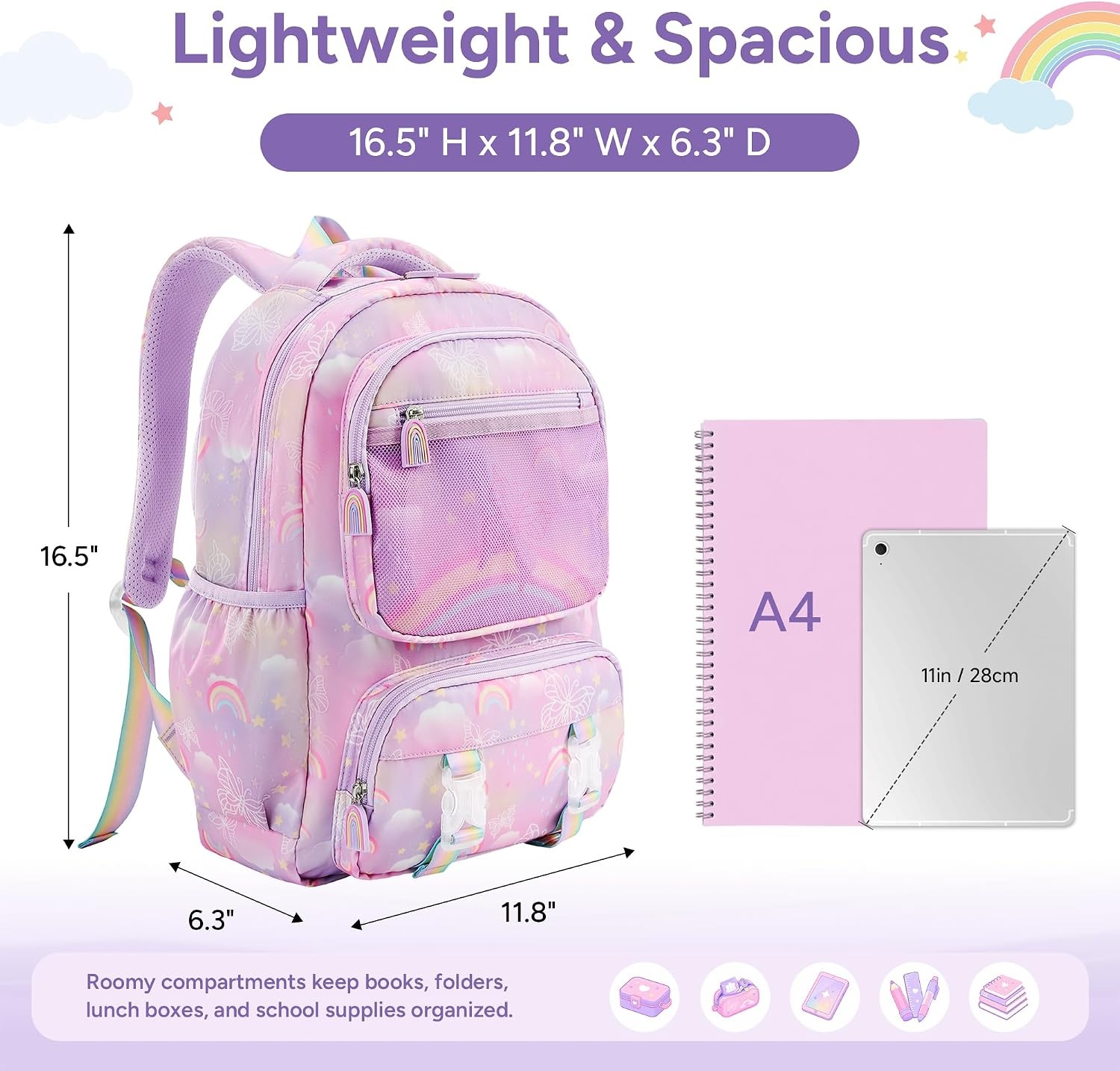 Stelle Girls Backpack Butterfly Bookbag Kids School Bags | with Lunch box,Kindergarten,Elementary,Middle school,Rainbow,Pink,Purple,Ages 6+,Lightweight,Cute(Rainbow Lavender)