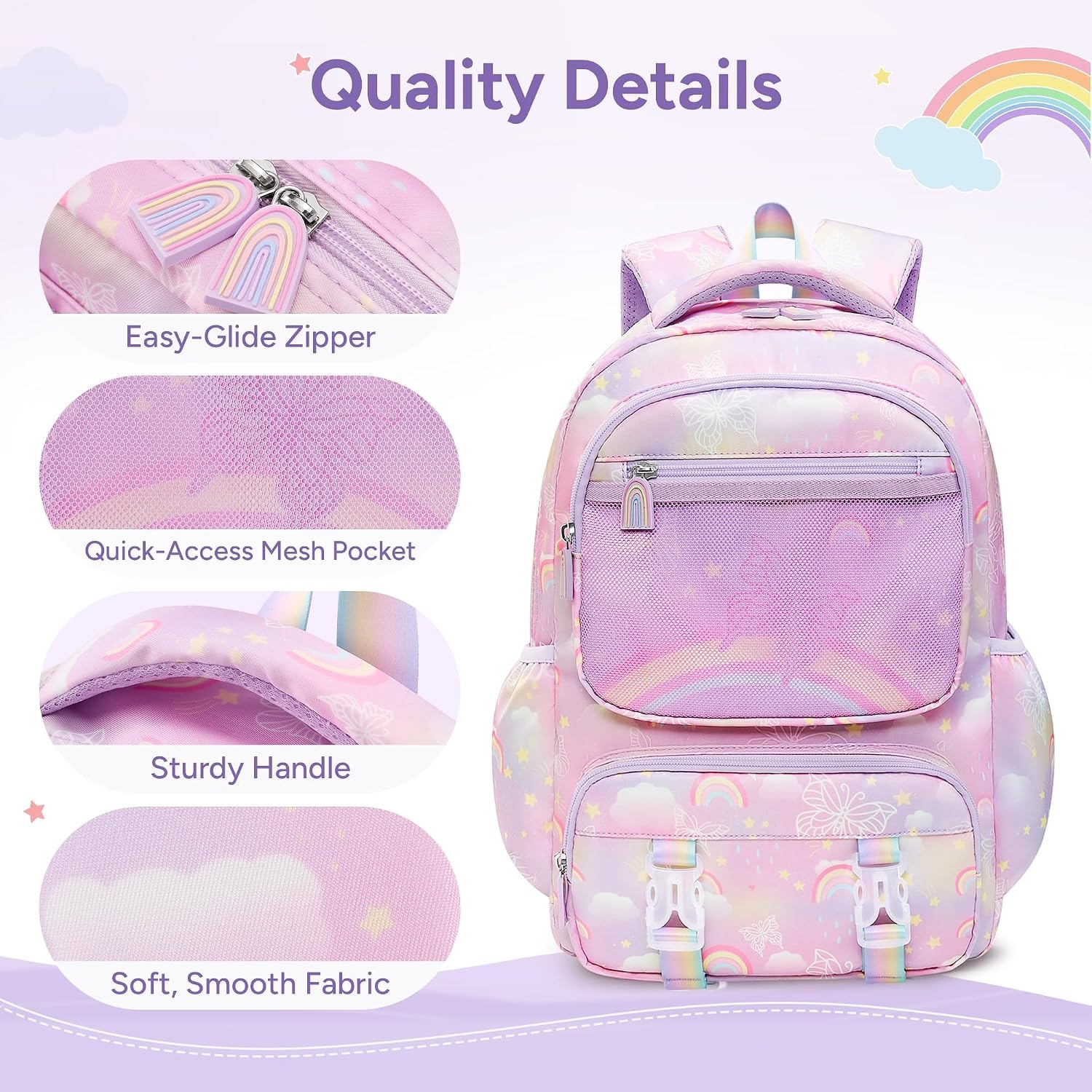 Stelle Girls Backpack Butterfly Bookbag Kids School Bags | with Lunch box,Kindergarten,Elementary,Middle school,Rainbow,Pink,Purple,Ages 6+,Lightweight,Cute(Rainbow Lavender)