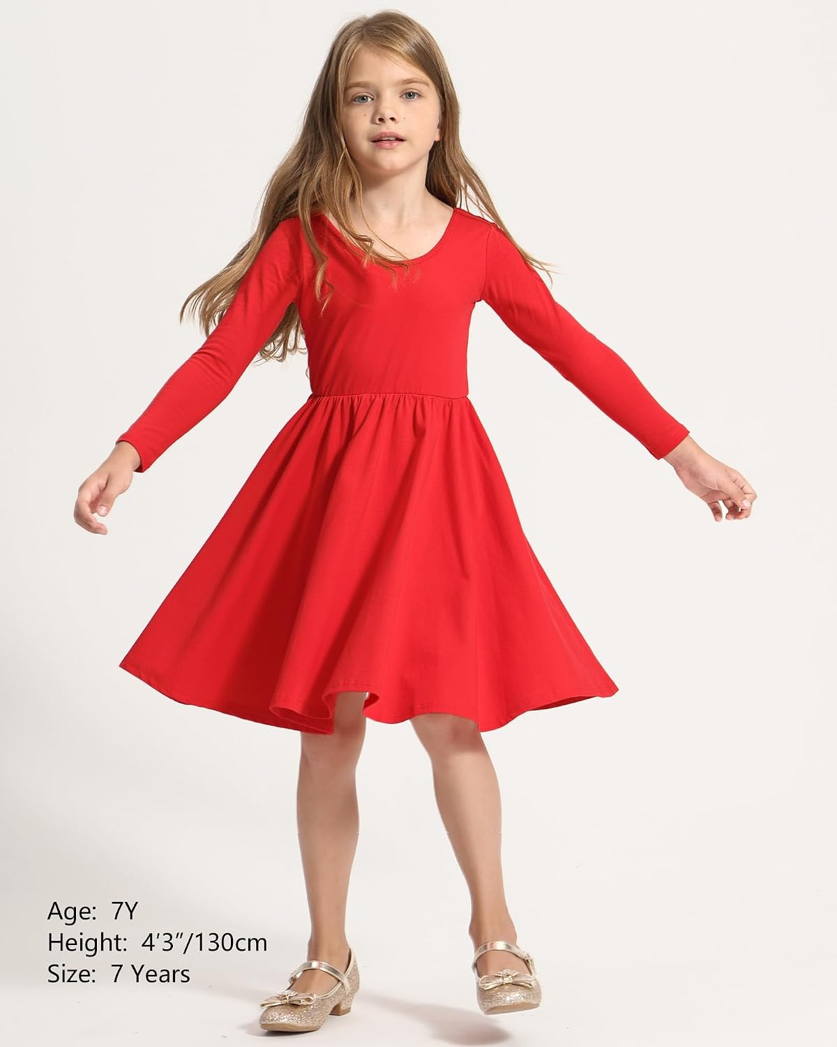 Stelle Girls Cotton Long Sleeve Dress Twirl Skater Dress 3-12Y(Red)