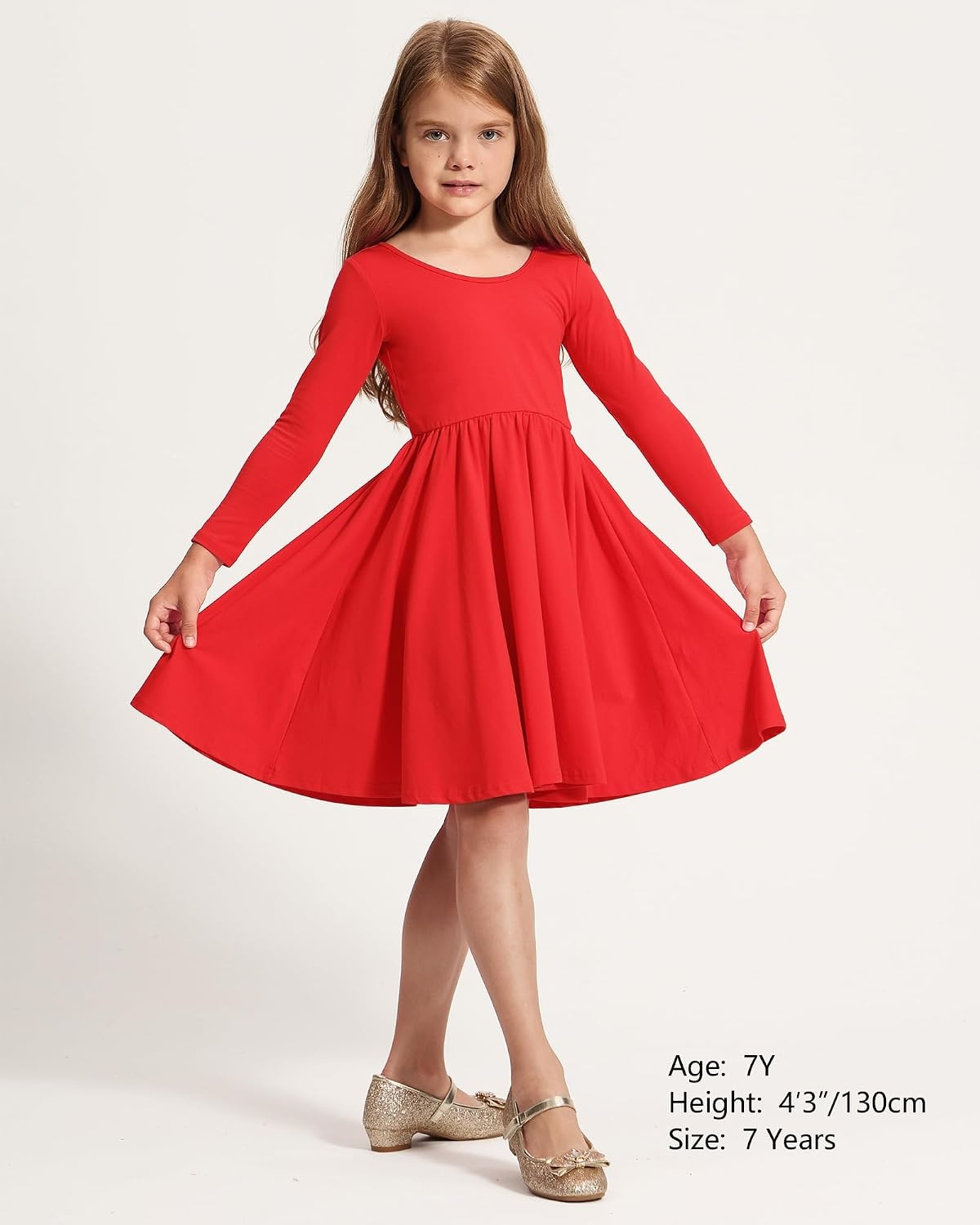 Stelle Girls Cotton Long Sleeve Dress Twirl Skater Dress 3-12Y(Red)