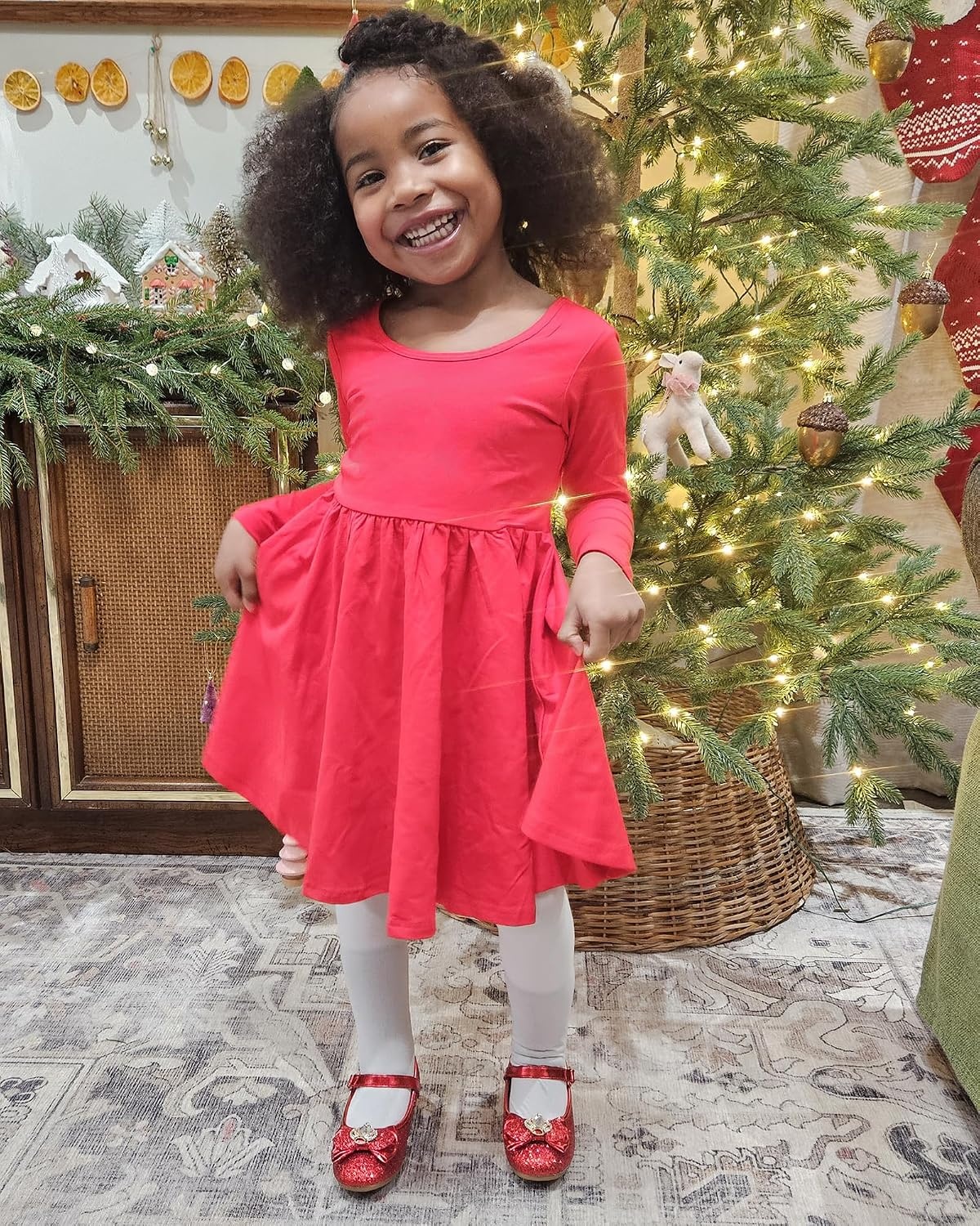 Stelle Girls Cotton Long Sleeve Dress Twirl Skater Dress 3-12Y(Red)