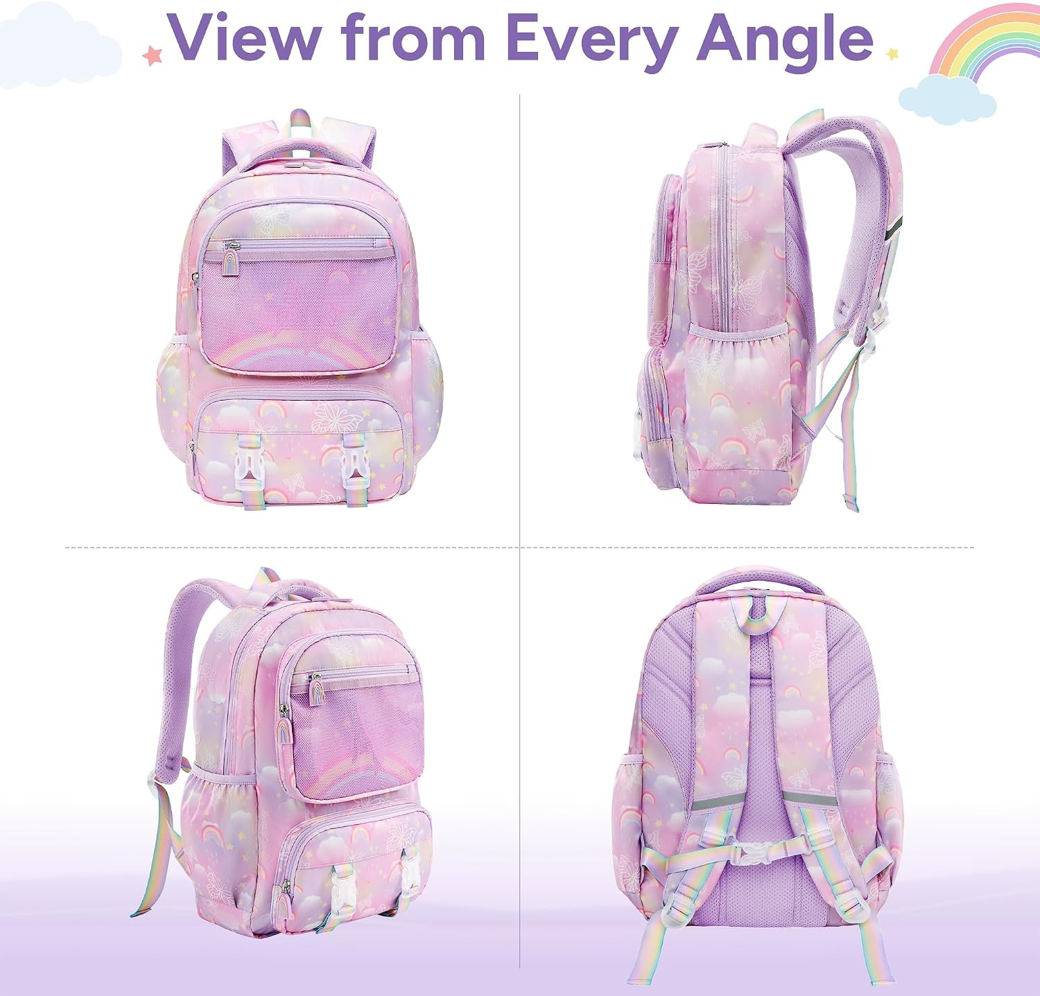 Stelle Girls School Backpack Butterfly Bookbag(RL with Lunch Box, F)(Rainbow Lavender)