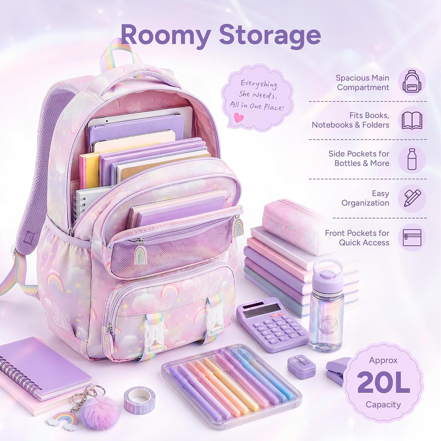 Stelle Girls School Backpack Butterfly Bookbag(RL with Lunch Box, F)(Rainbow Lavender)