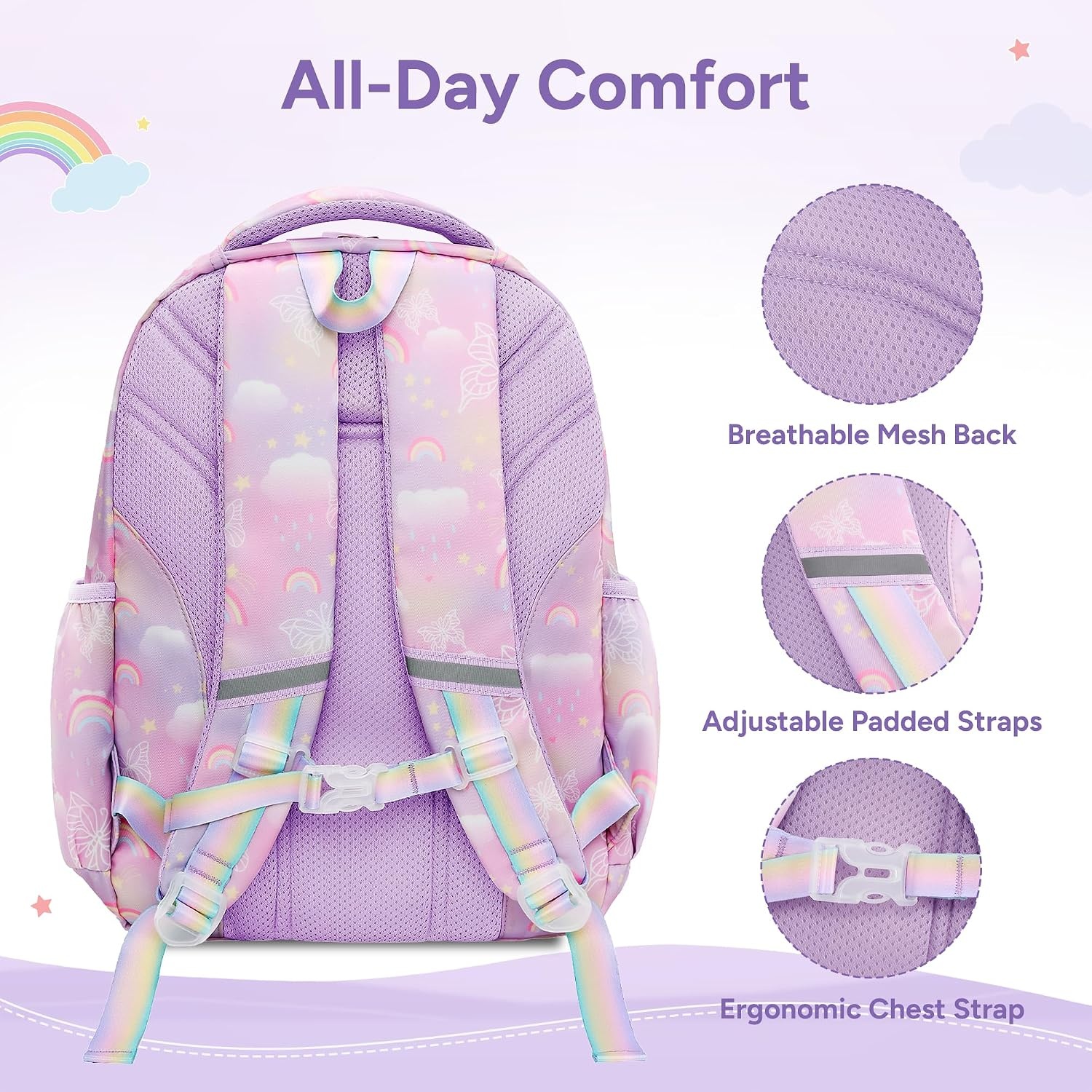 Stelle Girls School Backpack Butterfly Bookbag(RL with Lunch Box, F)(Rainbow Lavender)