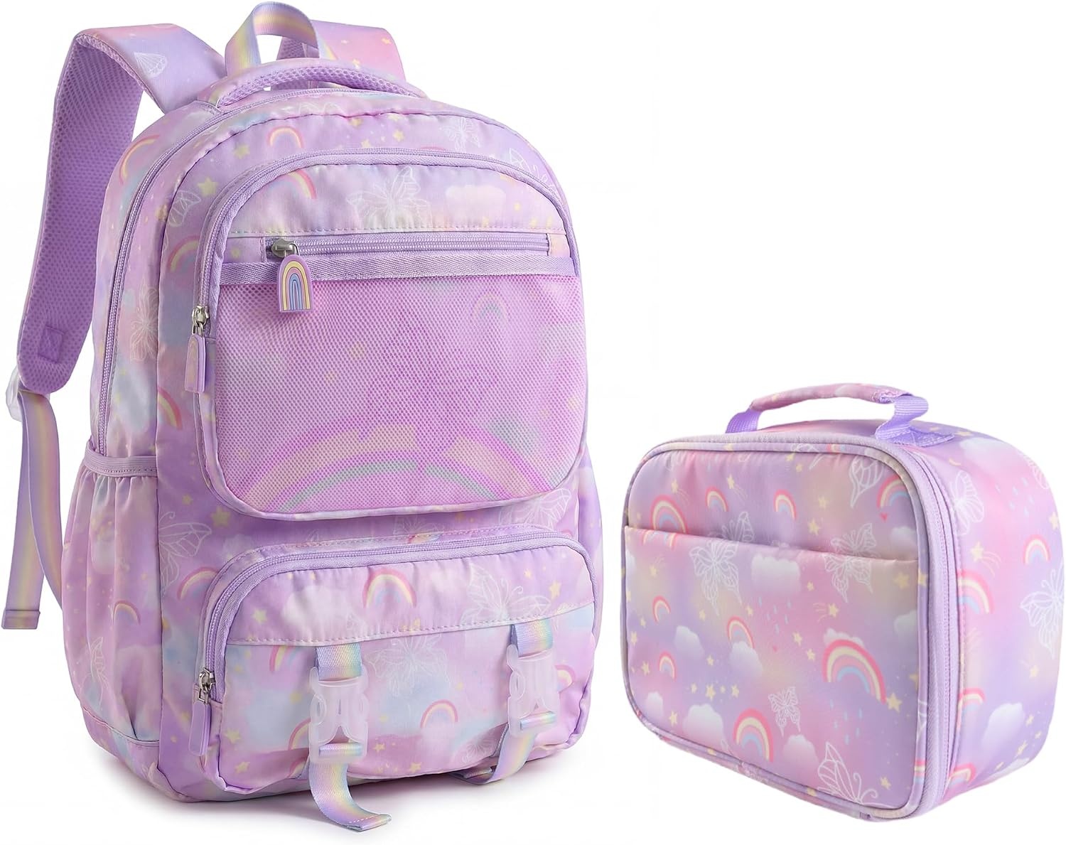 Stelle Girls School Backpack Butterfly Bookbag(RL with Lunch Box, F)(Rainbow Lavender With Lunch Box)