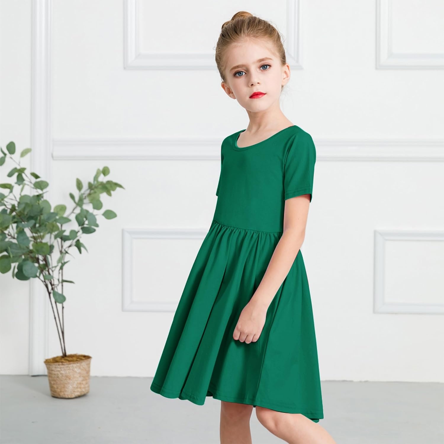 Stelle Girls Cotton Short Sleeve Twirl Skater Dress 3T-12Y | Twirl-Friendly Skirt, A Line,Criss Cross Back,Dress for School,Dance,Playwear,Casual,Active,Soft Stretch Breathable Comfy(A02-evergreen (Without Pocket))