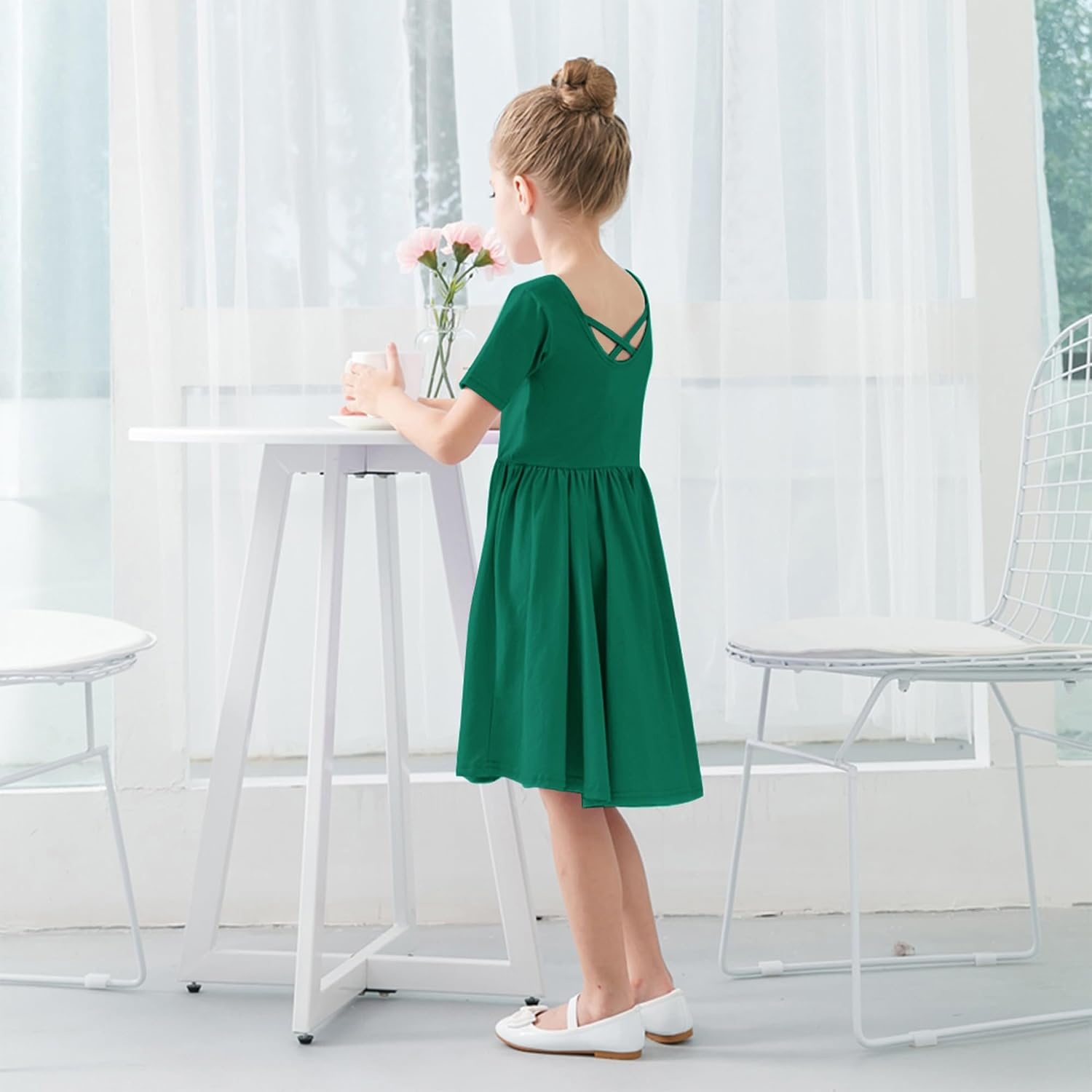 Stelle Girls Cotton Short Sleeve Twirl Skater Dress 3T-12Y | Twirl-Friendly Skirt, A Line,Criss Cross Back,Dress for School,Dance,Playwear,Casual,Active,Soft Stretch Breathable Comfy(A02-evergreen (Without Pocket))