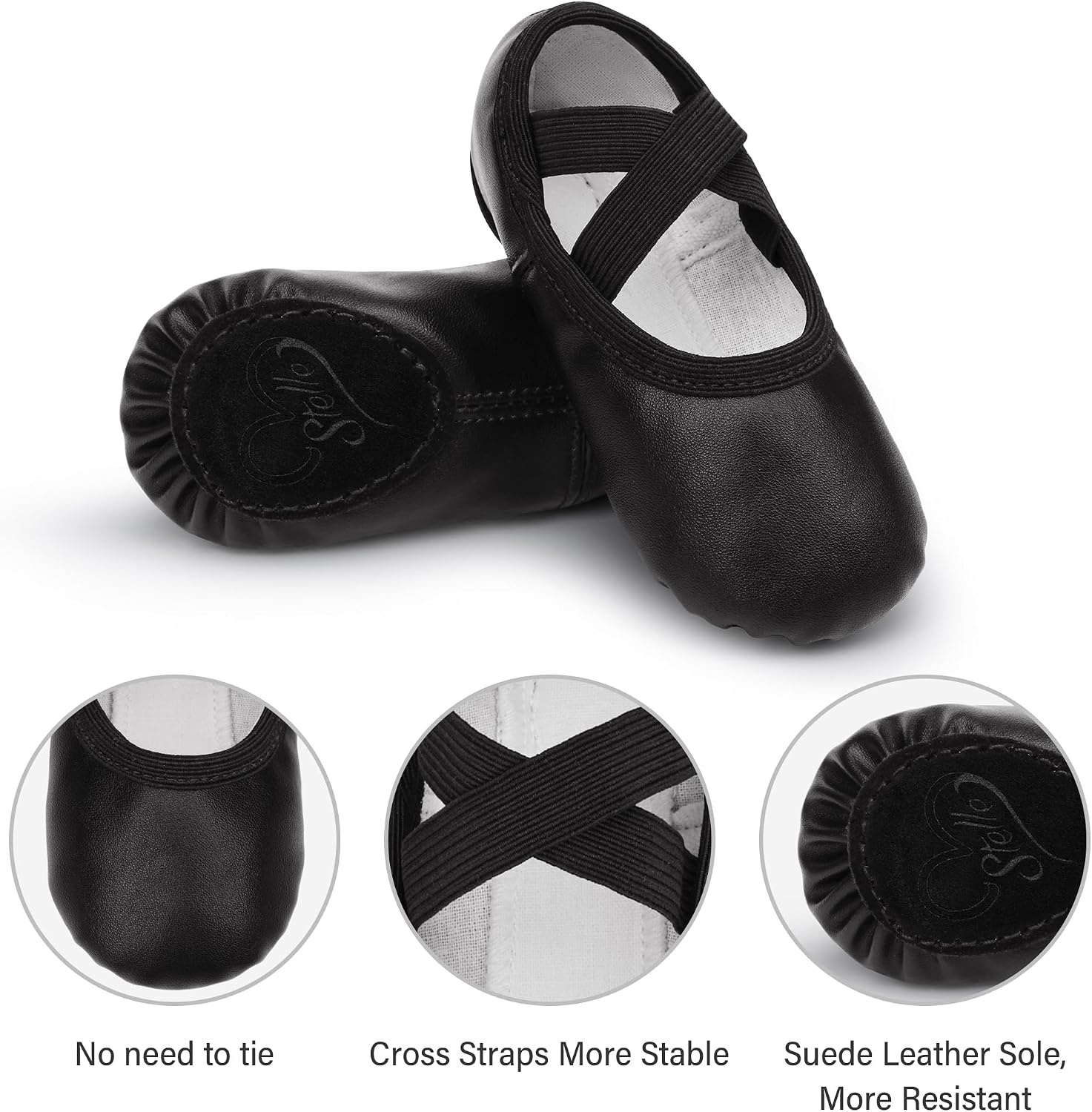 Stelle Toddler Ballet Shoes for Girls Boys PU Leather Lace-Free Dance(Black)