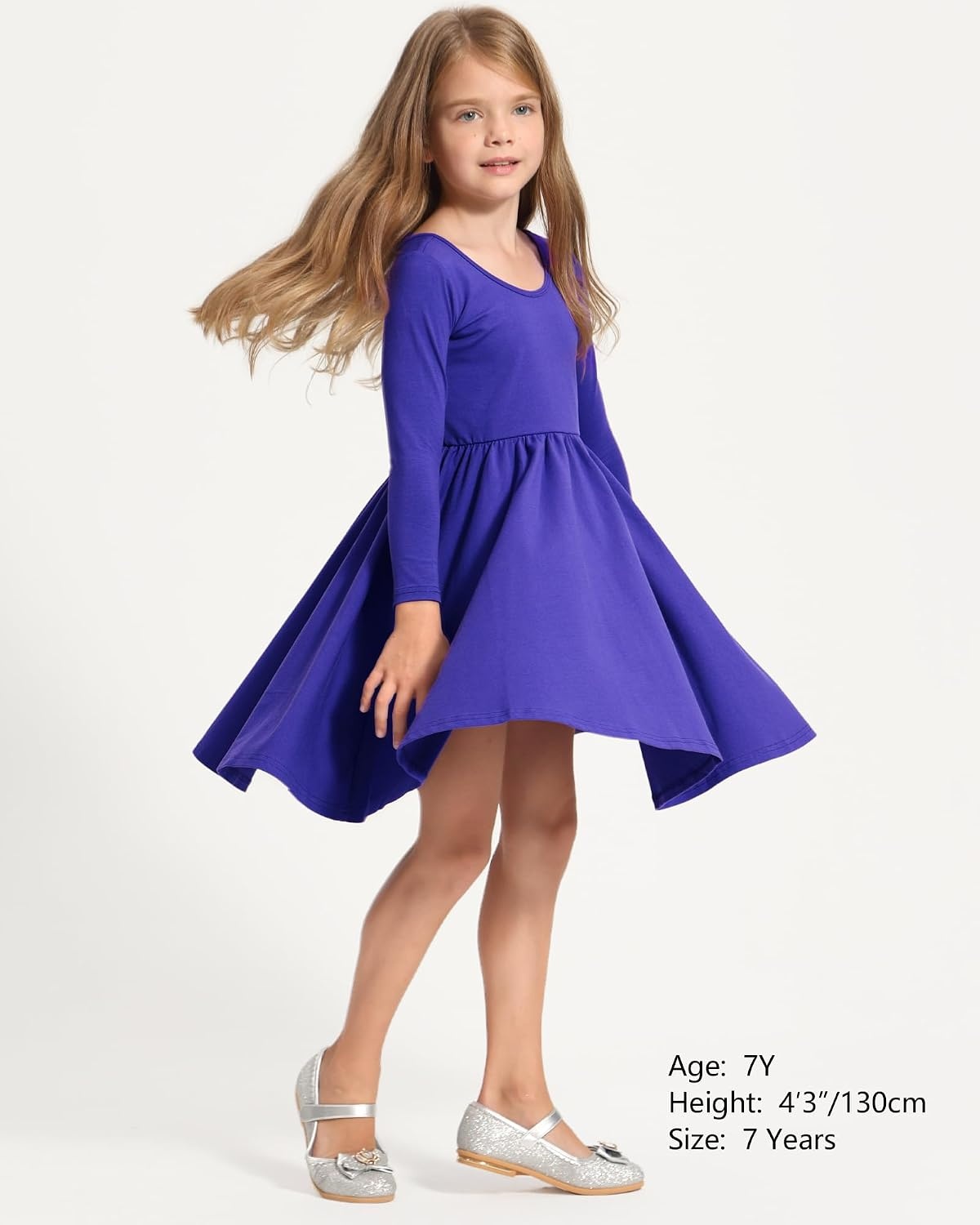 Stelle Girls Cotton Long Sleeve Dress Twirl Skater Dress 3-12Y(Indigo)
