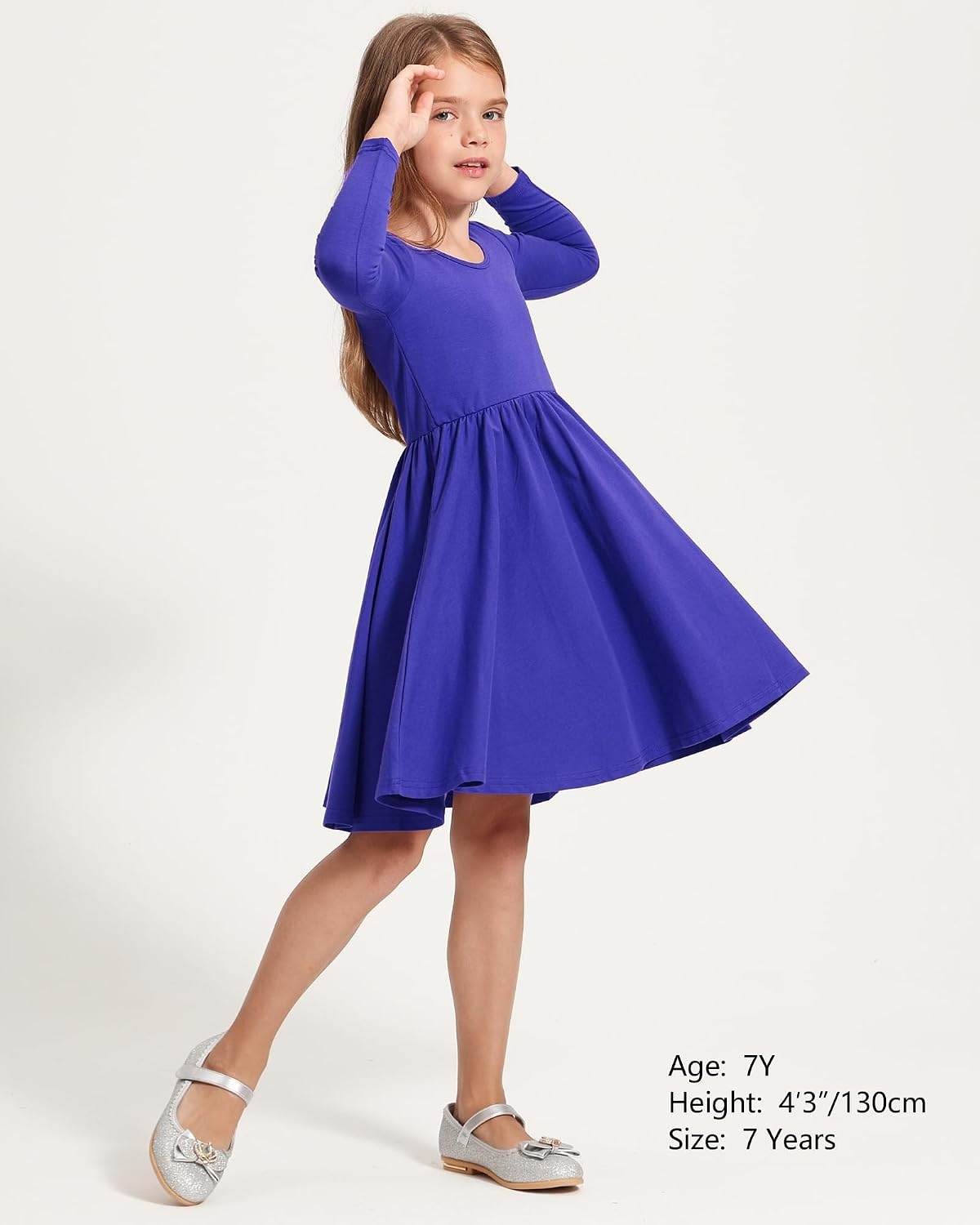 Stelle Girls Cotton Long Sleeve Dress Twirl Skater Dress 3-12Y(Indigo)