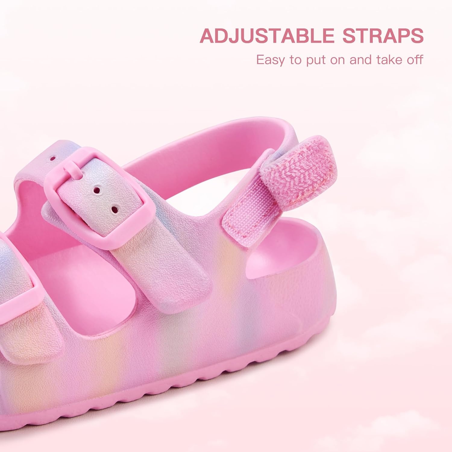 Stelle Toddler Girls Adjustable Buckle Open Toe Sandals | Hook-and-Loop Heel Strap Lightweight Construction Comfortable Fit Flexible Movement Summer Everyday Wear Toddler to Big Kids(Cotton Candy Ombre)