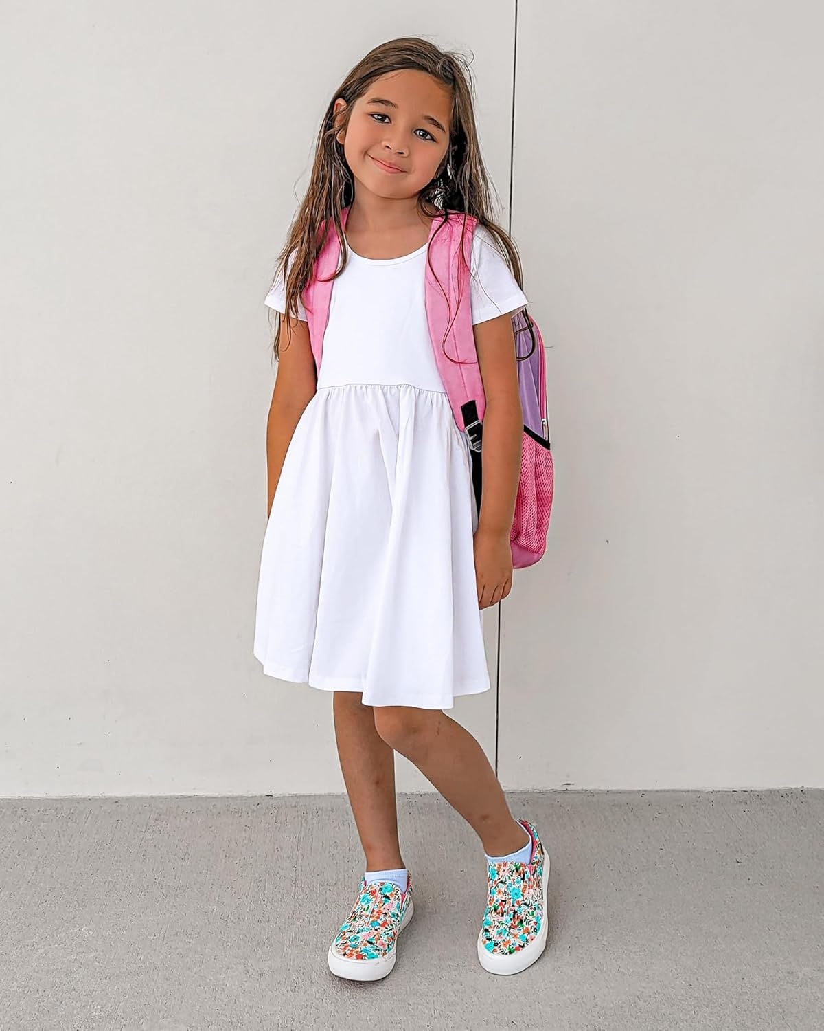 Stelle Girls Cotton Short Sleeve Twirl Skater Dress 3T-12Y | Twirl-Friendly Skirt, A Line,Criss Cross Back,Dress for School,Dance,Playwear,Casual,Active,Soft Stretch Breathable Comfy(A02-white (Without Pocket))