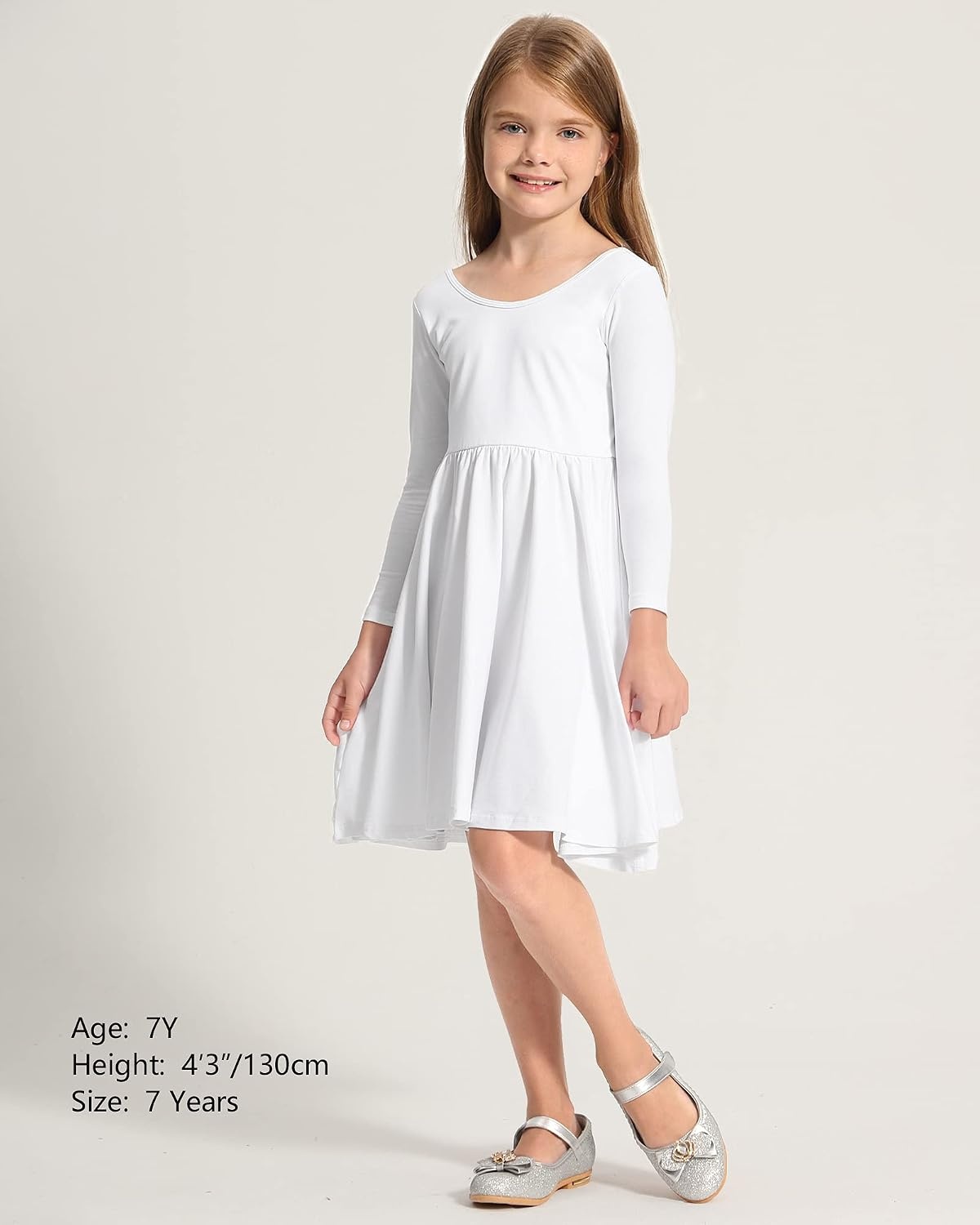 Stelle Girls Cotton Long Sleeve Dress Twirl Skater Dress 3-12Y(White)