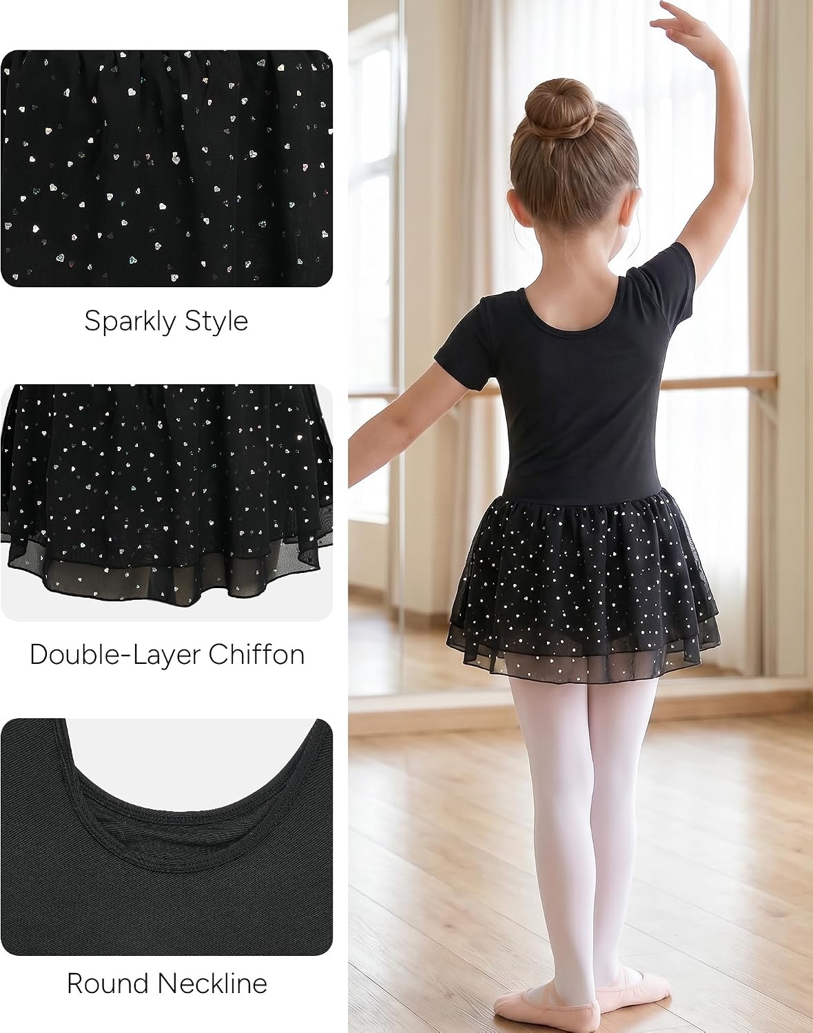 Stelle Ballet Leotards for Girls Toddler Dance Ballerina Costumes Dresses | Toddler Ballet Dress with Double-Layer Sequin Skirt, Short Sleeve Leotard Dress for Ballet, Gymnastics & Performance(Black)