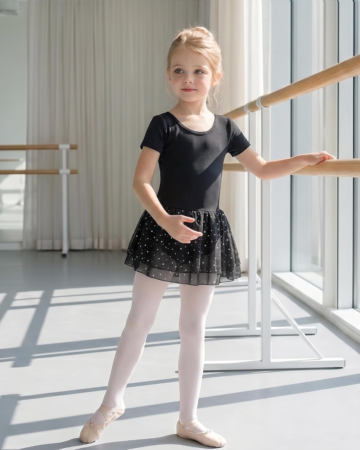 Stelle Ballet Leotards for Girls Toddler Dance Ballerina Costumes Dresses | Toddler Ballet Dress with Double-Layer Sequin Skirt, Short Sleeve Leotard Dress for Ballet, Gymnastics & Performance(Black)
