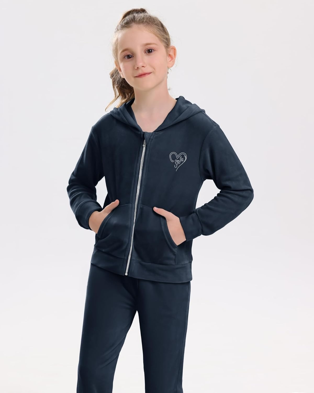Stelle Girls Velour Tracksuits Zip Up Hoodies Joggers with Pockets 5-15 Y | Sweatshirt with Pockets,Chin Guard,Elastic Waist,Fall Winter Outfits,Holiday,Christmas,Toddler,Little Girl ,Tween,Teen,Preppy(Navy)