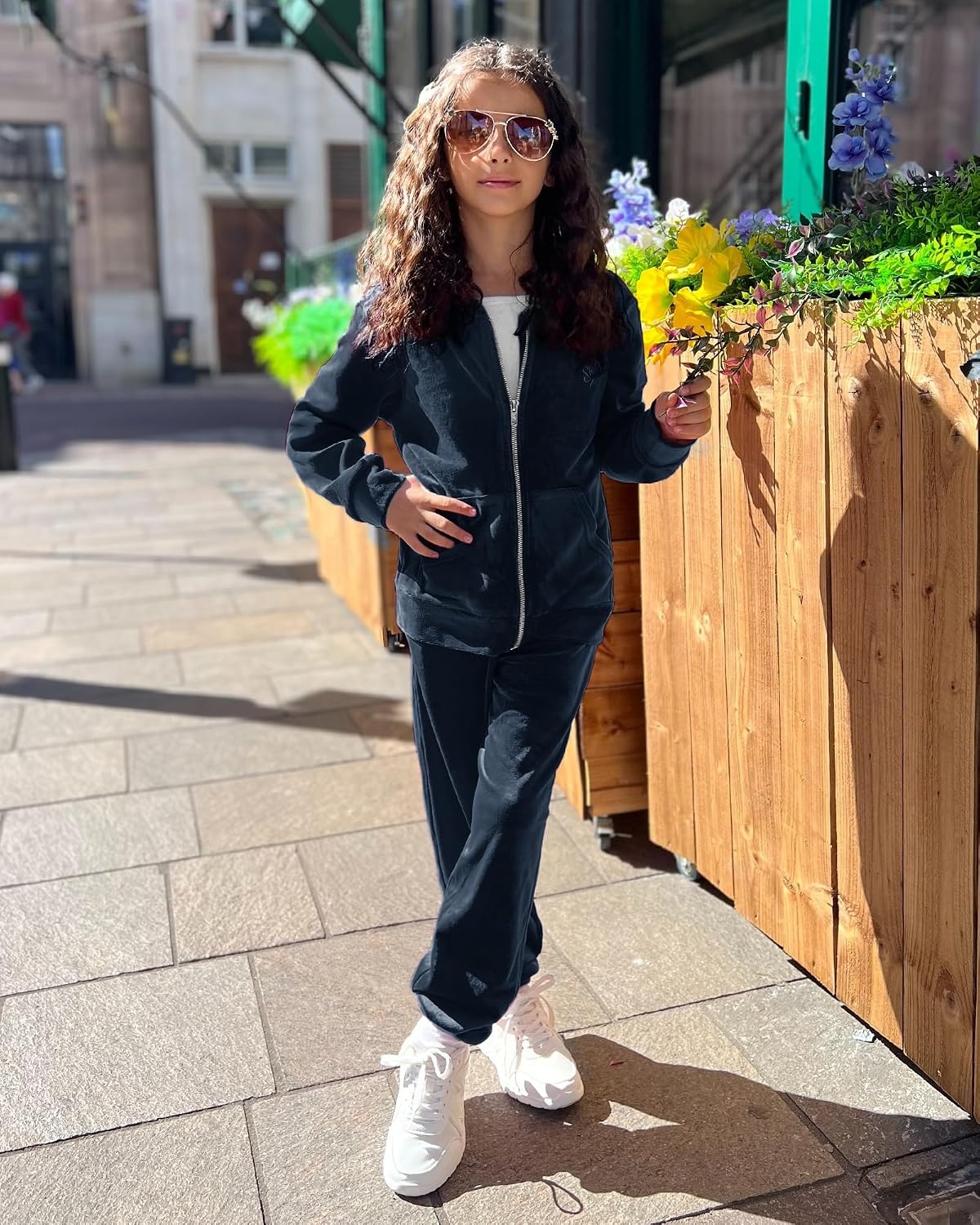 Stelle Girls Velour Tracksuits Zip Up Hoodies Joggers with Pockets 5-15 Y | Sweatshirt with Pockets,Chin Guard,Elastic Waist,Fall Winter Outfits,Holiday,Christmas,Toddler,Little Girl ,Tween,Teen,Preppy(Navy)