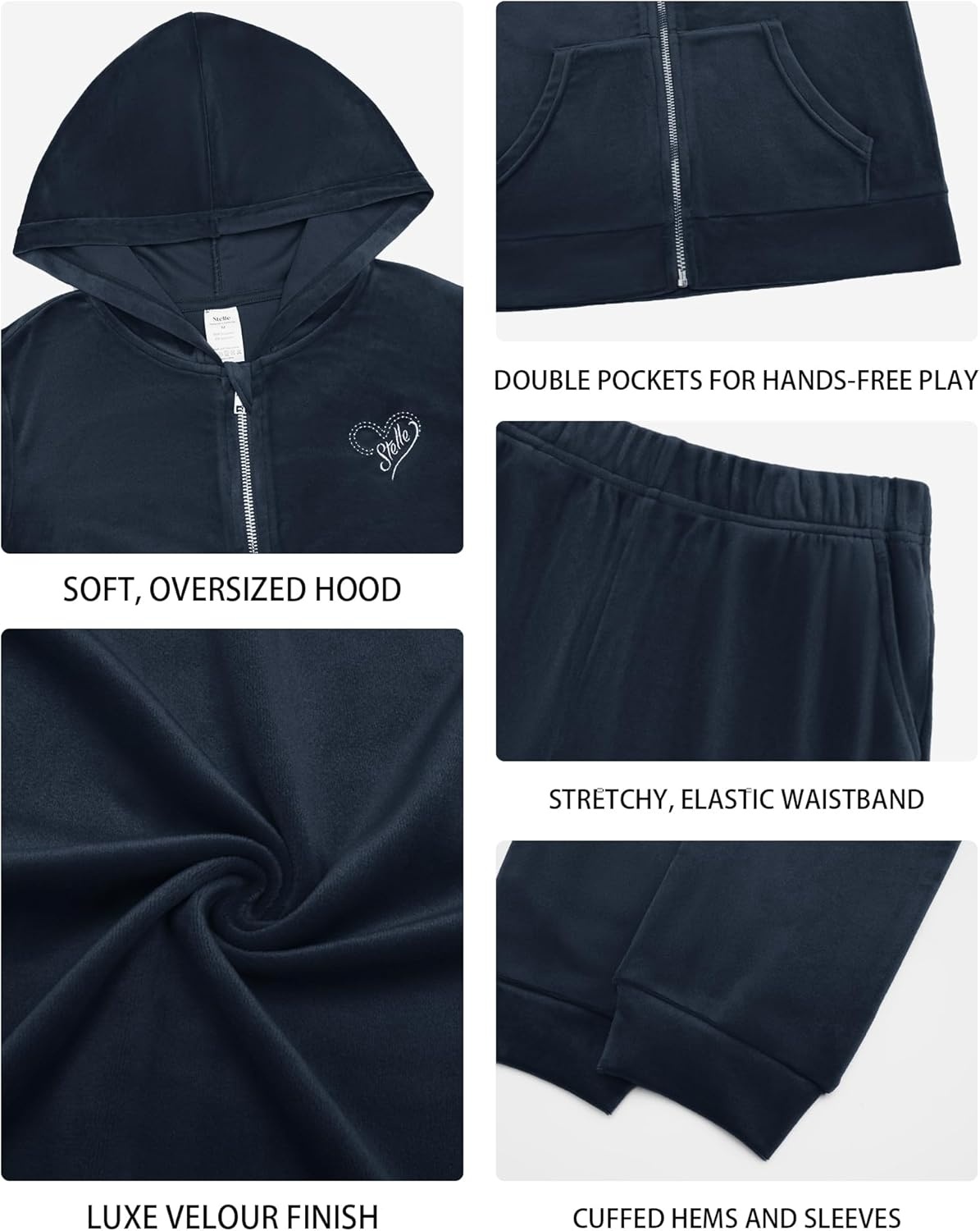 Stelle Girls Velour Tracksuits Zip Up Hoodies Joggers with Pockets 5-15 Y | Sweatshirt with Pockets,Chin Guard,Elastic Waist,Fall Winter Outfits,Holiday,Christmas,Toddler,Little Girl ,Tween,Teen,Preppy(Navy)