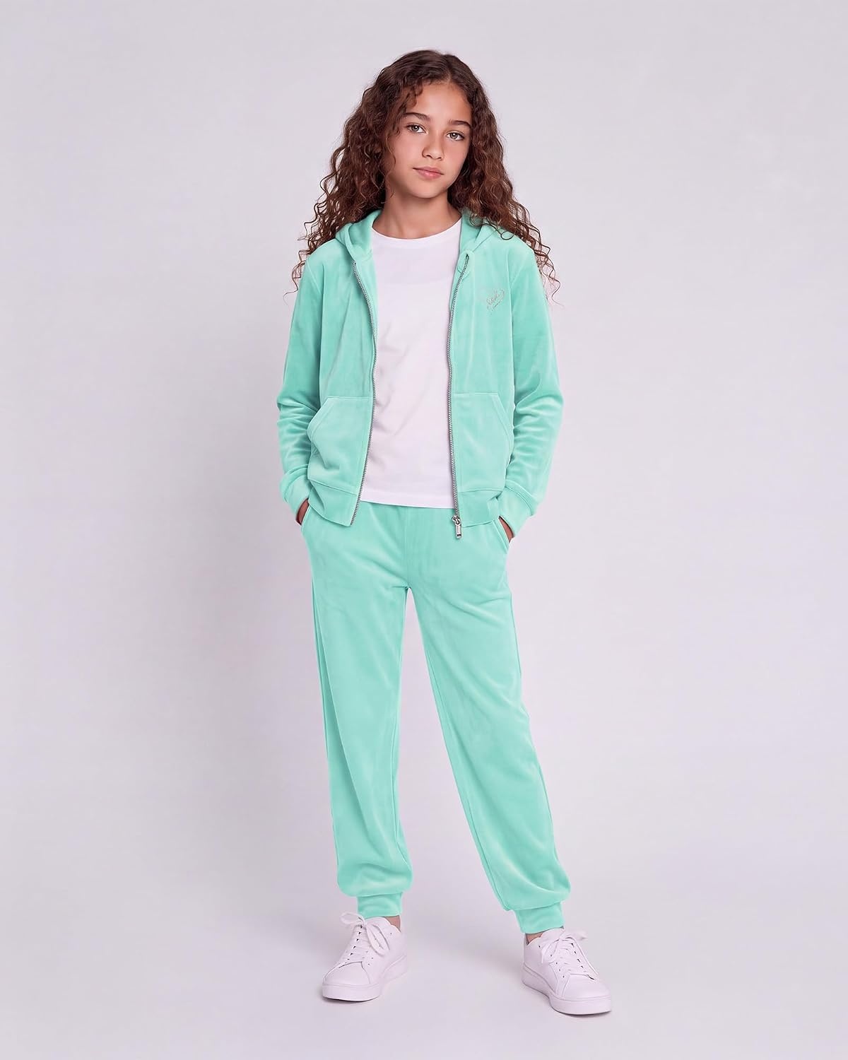 Stelle Girls Velour Tracksuits Zip Up Hoodies Joggers with Pockets 5-15 Y(Mint Green)