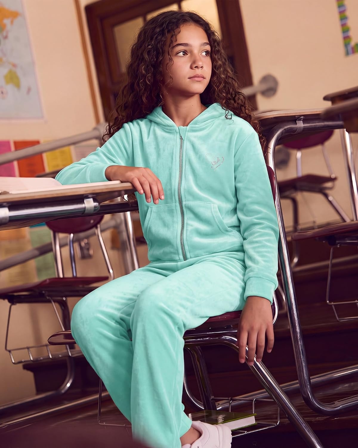 Stelle Girls Velour Tracksuits Zip Up Hoodies Joggers with Pockets 5-15 Y(Mint Green)