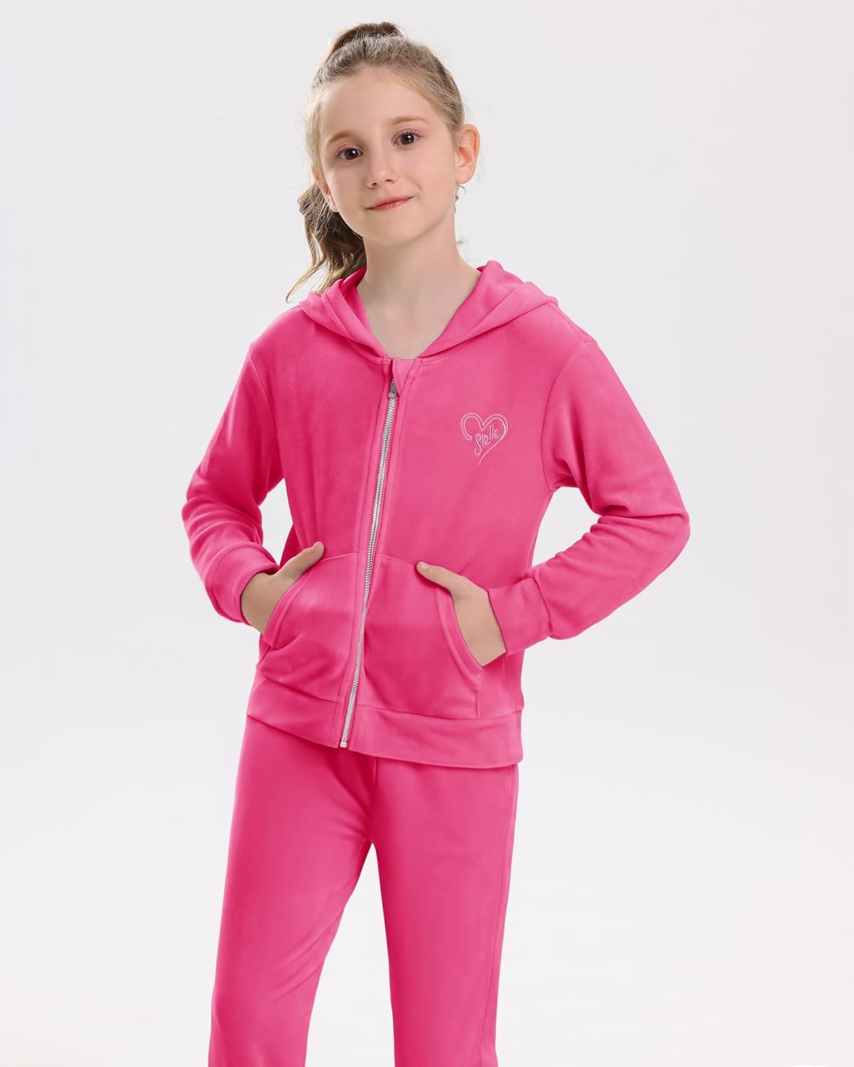 Stelle Girls Velour Tracksuits Zip Up Hoodies Joggers with Pockets 5-15 Y | Sweatshirt with Pockets,Chin Guard,Elastic Waist,Fall Winter Outfits,Holiday,Christmas,Toddler,Little Girl ,Tween,Teen,Preppy(Hot Pink)