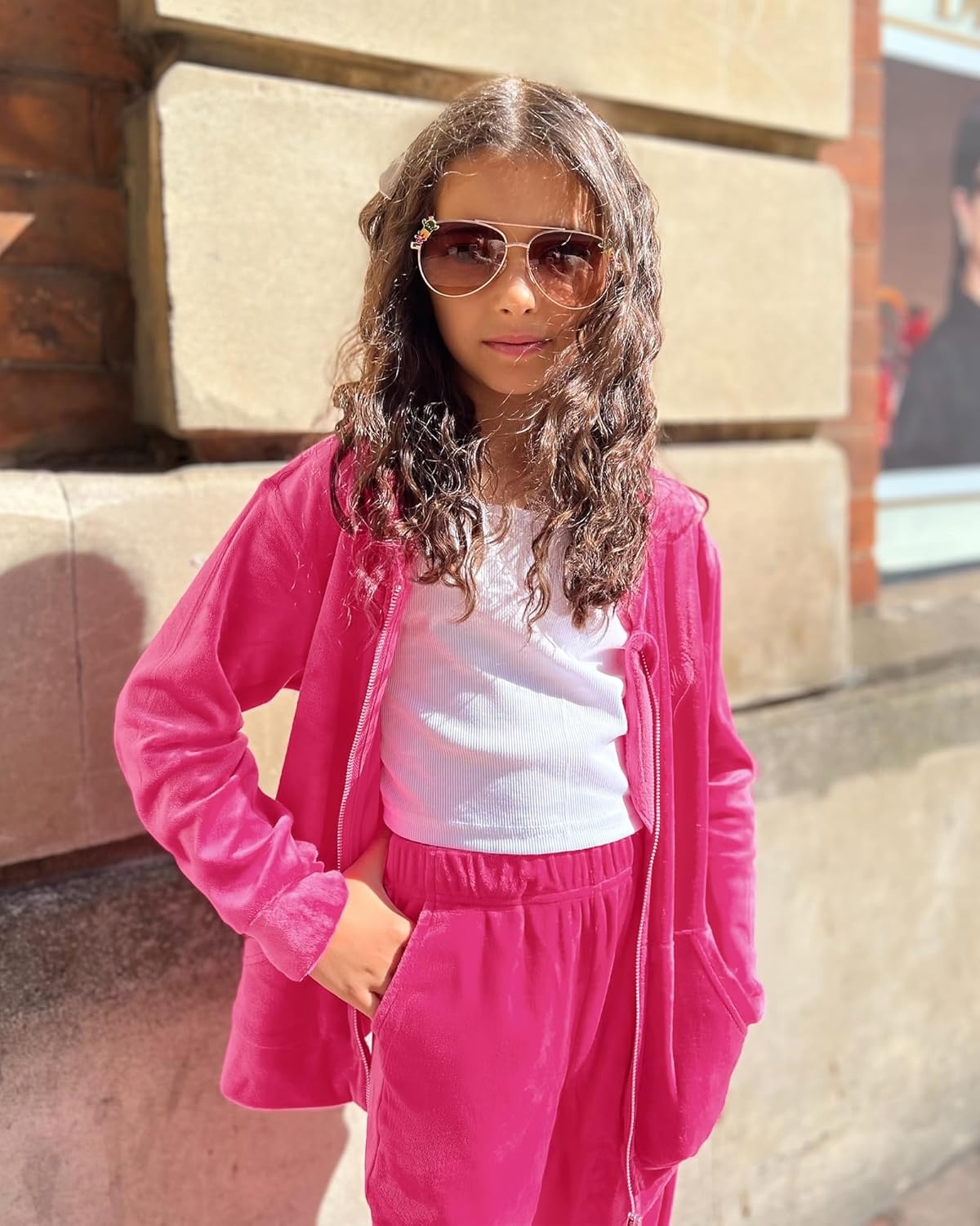 Stelle Girls Velour Tracksuits Zip Up Hoodies Joggers with Pockets 5-15 Y | Sweatshirt with Pockets,Chin Guard,Elastic Waist,Fall Winter Outfits,Holiday,Christmas,Toddler,Little Girl ,Tween,Teen,Preppy(Hot Pink)