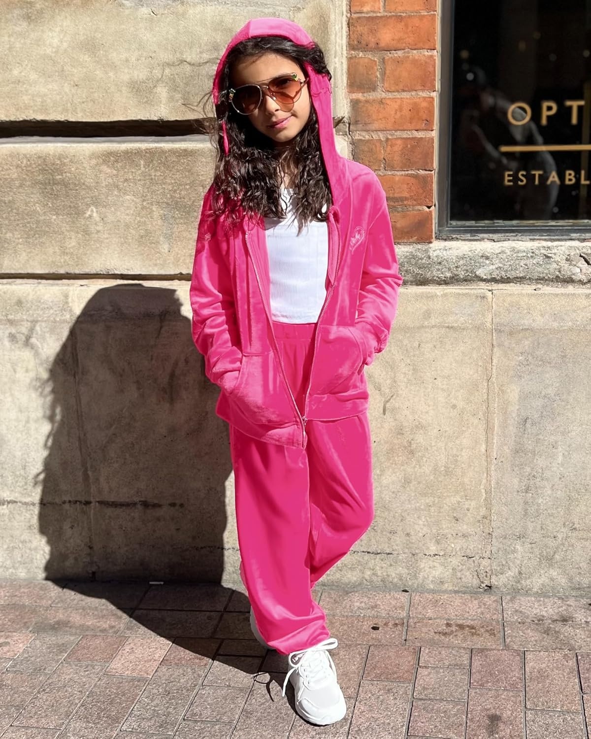 Stelle Girls Velour Tracksuits Zip Up Hoodies Joggers with Pockets 5-15 Y | Sweatshirt with Pockets,Chin Guard,Elastic Waist,Fall Winter Outfits,Holiday,Christmas,Toddler,Little Girl ,Tween,Teen,Preppy(Hot Pink)