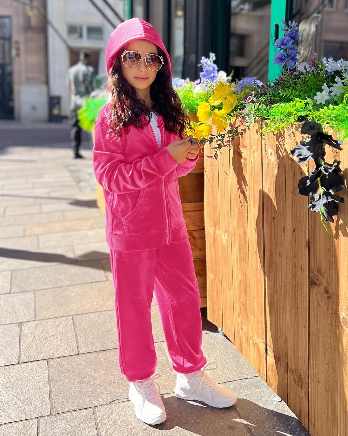 Stelle Girls Velour Tracksuits Zip Up Hoodies Joggers with Pockets 5-15 Y | Sweatshirt with Pockets,Chin Guard,Elastic Waist,Fall Winter Outfits,Holiday,Christmas,Toddler,Little Girl ,Tween,Teen,Preppy(Hot Pink)