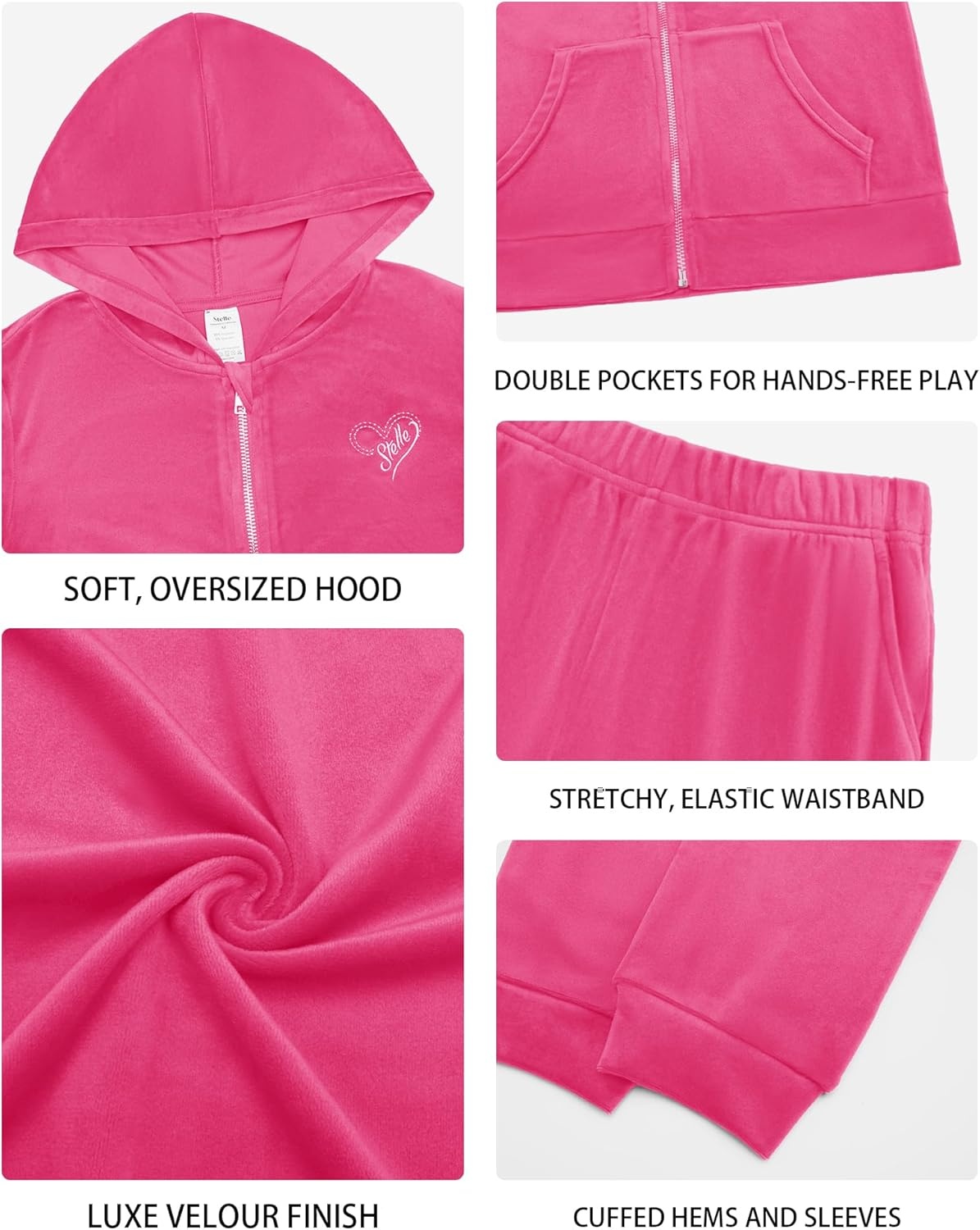 Stelle Girls Velour Tracksuits Zip Up Hoodies Joggers with Pockets 5-15 Y | Sweatshirt with Pockets,Chin Guard,Elastic Waist,Fall Winter Outfits,Holiday,Christmas,Toddler,Little Girl ,Tween,Teen,Preppy(Hot Pink)