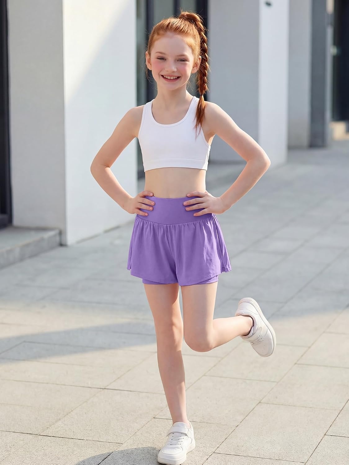 Stelle Girls Athletic Shorts Flowy Running Butterfly Short with Pockets | Lightweight, 2 in 1 Butterfly Design, Built-in Shorts, Inner Pockets, Running, Tennis, Soccer, Dance, Active Wear(Lavender)