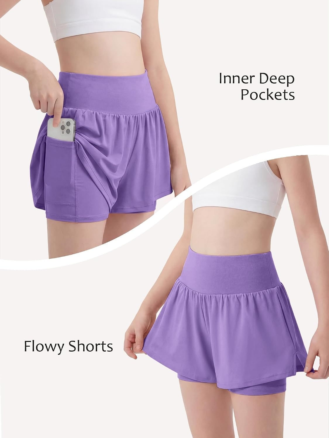 Stelle Girls Athletic Shorts Flowy Running Butterfly Short with Pockets | Lightweight, 2 in 1 Butterfly Design, Built-in Shorts, Inner Pockets, Running, Tennis, Soccer, Dance, Active Wear(Lavender)