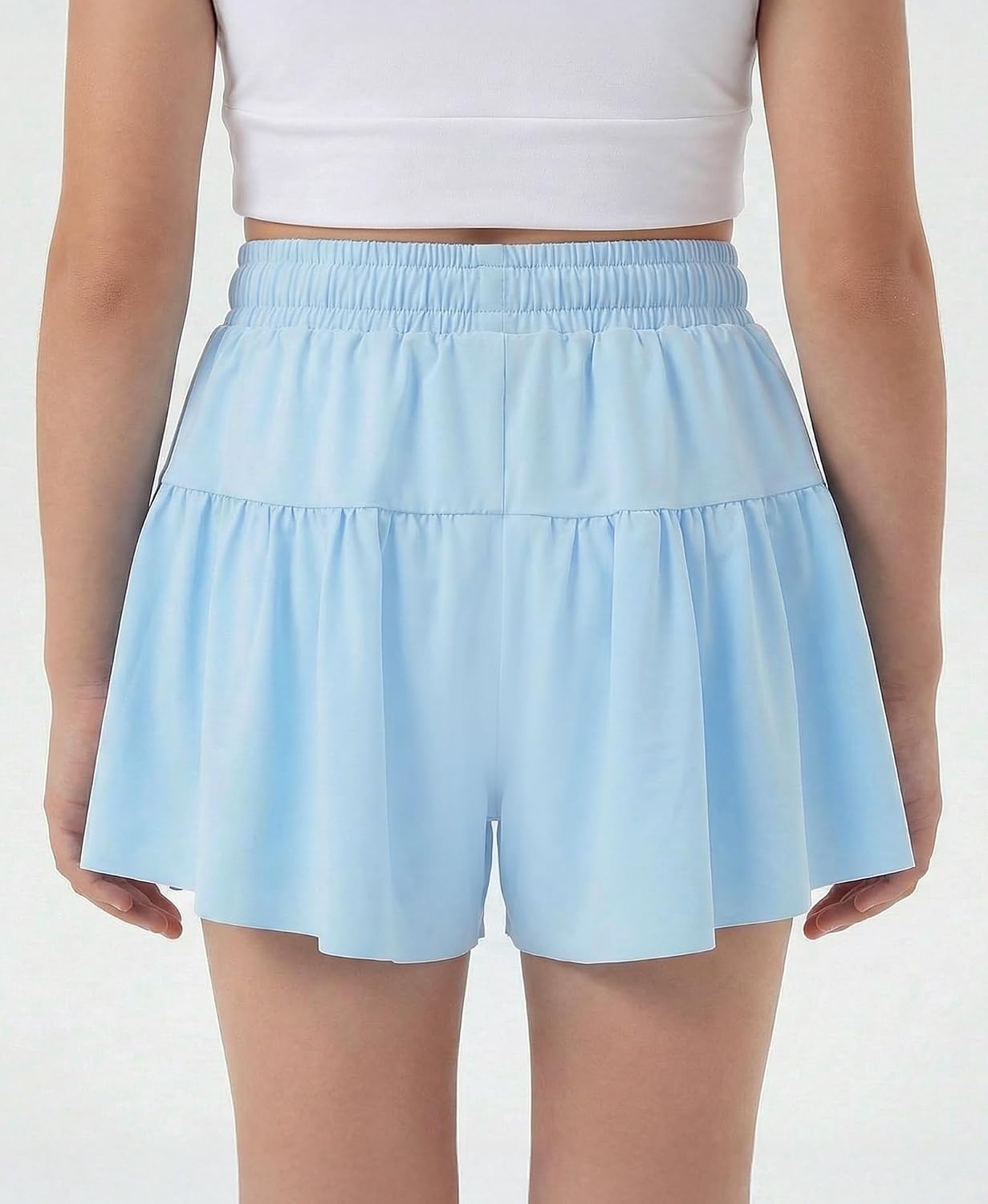 Stelle Girls 2 in 1 Butterfly Shorts Flowy Athletic Shorts with Pocket | Flowy Butterfly Layer, Built-In Shorts, Hidden Side Pockets, Running, Dance, Cheer, Tennis, Sports, Everyday Wear(Light Blue)