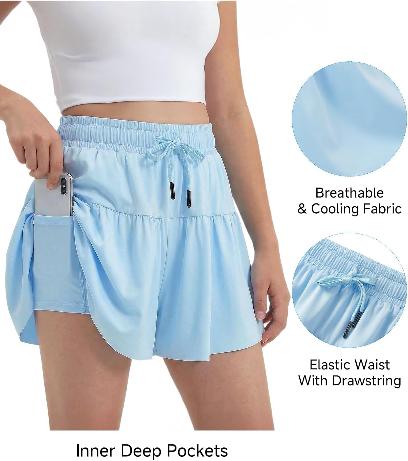 Stelle Girls 2 in 1 Butterfly Shorts Flowy Athletic Shorts with Pocket | Flowy Butterfly Layer, Built-In Shorts, Hidden Side Pockets, Running, Dance, Cheer, Tennis, Sports, Everyday Wear(Light Blue)