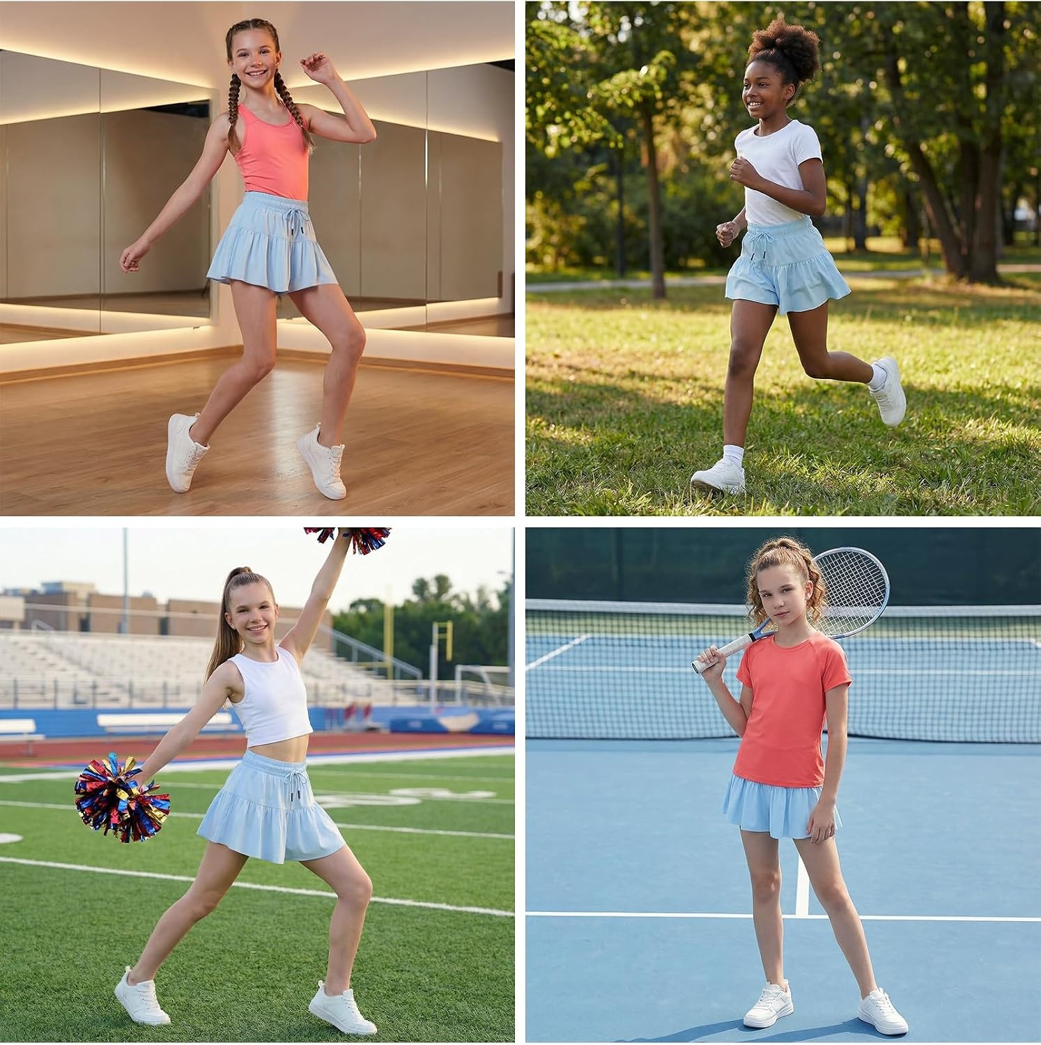Stelle Girls 2 in 1 Butterfly Shorts Flowy Athletic Shorts with Pocket | Flowy Butterfly Layer, Built-In Shorts, Hidden Side Pockets, Running, Dance, Cheer, Tennis, Sports, Everyday Wear(Light Blue)