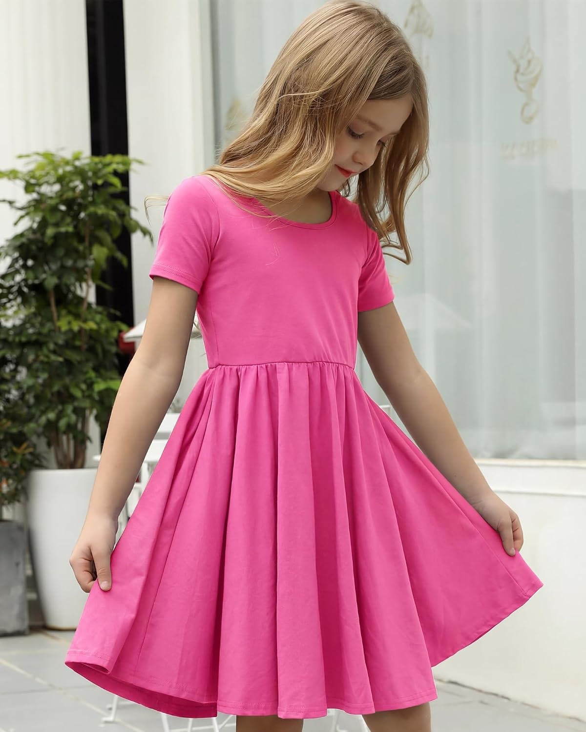 Stelle Girls Cotton Short Sleeve Twirl Skater Dress 3T-12Y | Twirl-Friendly Skirt, A Line,Criss Cross Back,Dress for School,Dance,Playwear,Casual,Active,Soft Stretch Breathable Comfy(A02-dreamhouse Pink (Without Pocket))