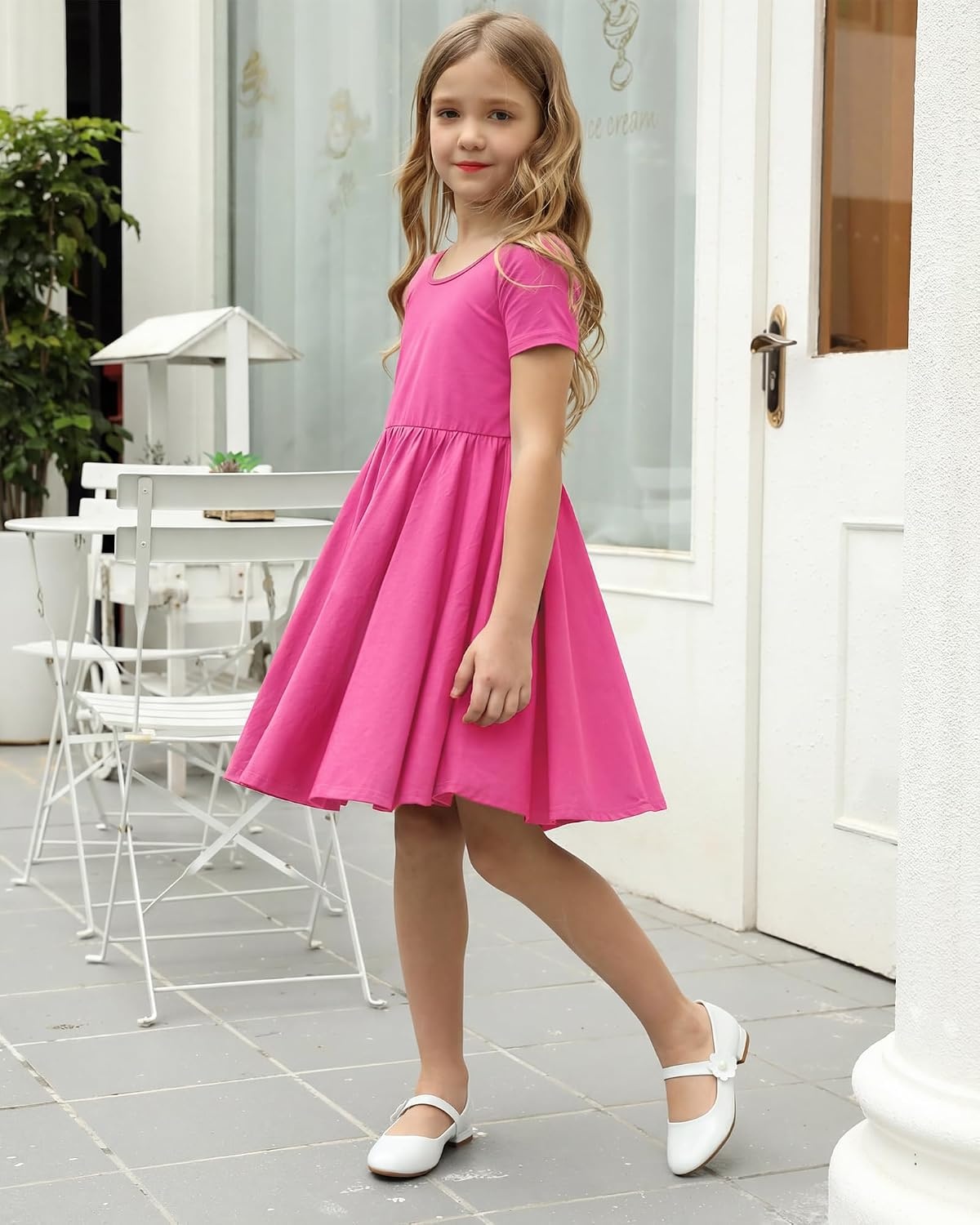 Stelle Girls Cotton Short Sleeve Twirl Skater Dress 3T-12Y | Twirl-Friendly Skirt, A Line,Criss Cross Back,Dress for School,Dance,Playwear,Casual,Active,Soft Stretch Breathable Comfy(A02-dreamhouse Pink (Without Pocket))