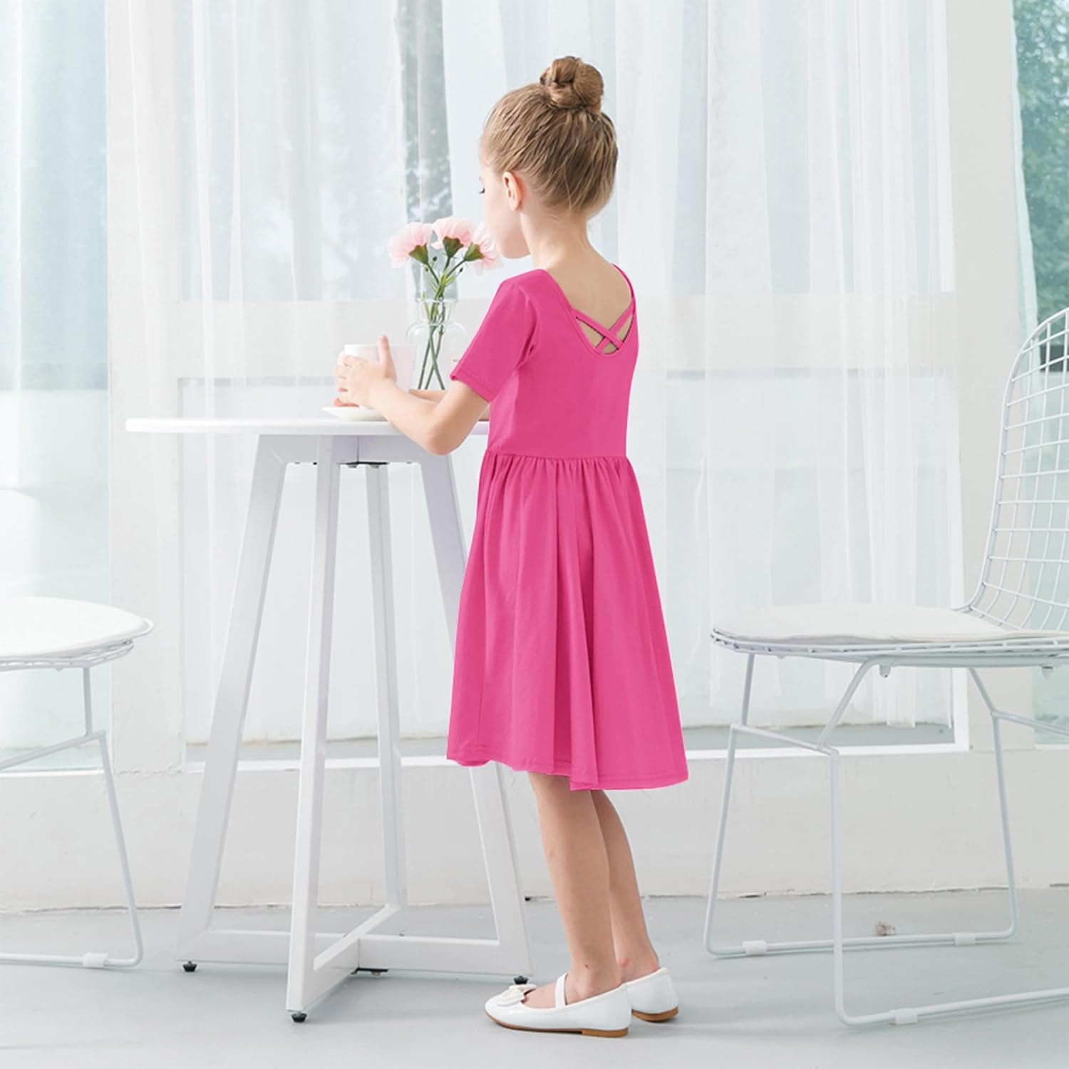 Stelle Girls Cotton Short Sleeve Twirl Skater Dress 3T-12Y | Twirl-Friendly Skirt, A Line,Criss Cross Back,Dress for School,Dance,Playwear,Casual,Active,Soft Stretch Breathable Comfy(A02-dreamhouse Pink (Without Pocket))
