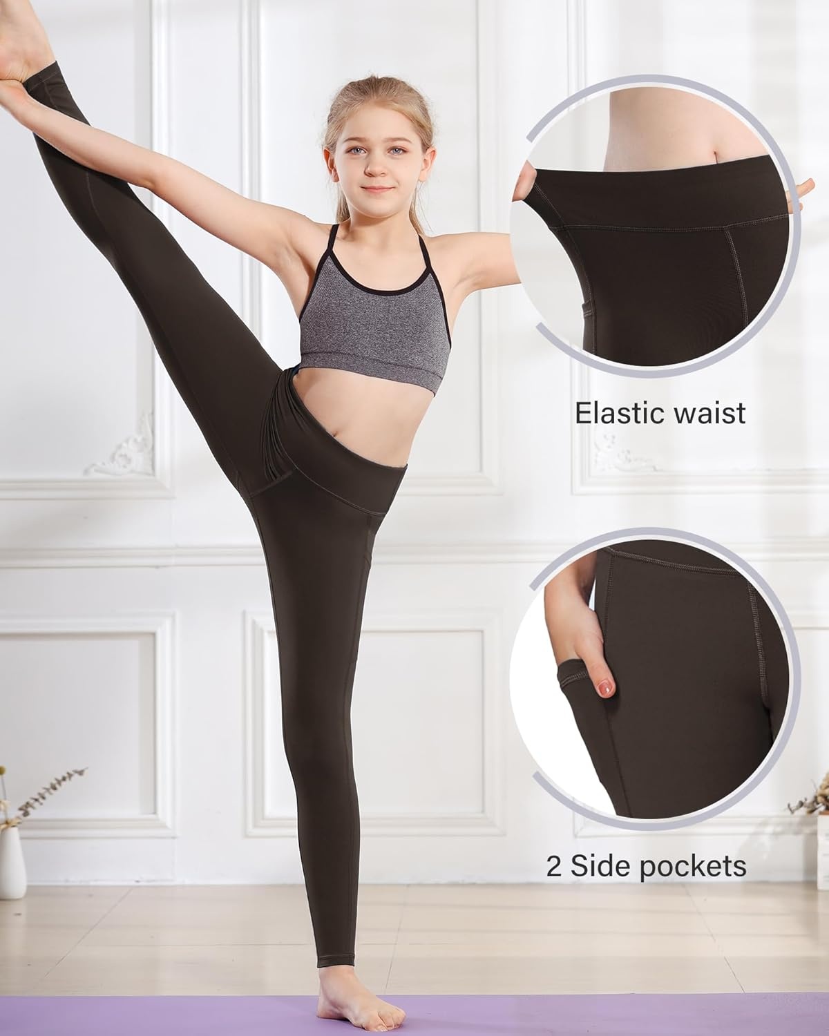 Stelle Girls’ Athletic Leggings Kids Dance Running Yoga Pants Workout Active Dance Tights with Pockets(Espresso(2 Side Pocket))