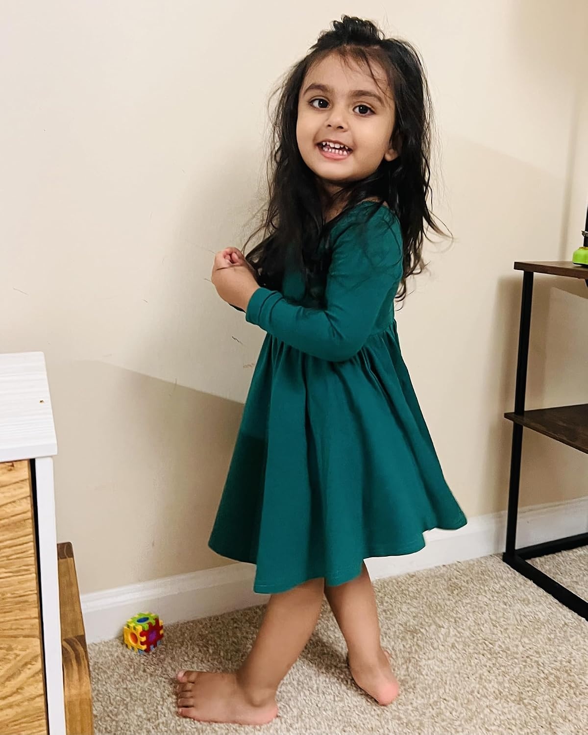 Stelle Girls Cotton Long Sleeve Dress Twirl Skater Dress 3-12Y(Green)