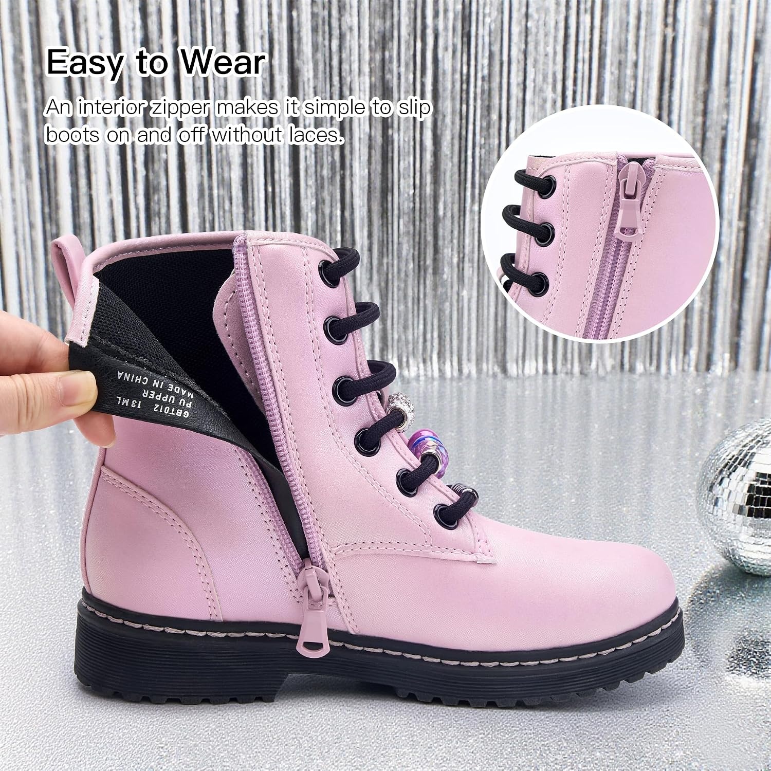 Stelle Girls Combat Boots with DIY Lace Up Side Zipper Ankle Boots | Durable faux leather, Serrated TPR outsoles, Water-resistant exterior, Inner side zipper, Colorful customizable beads(Iridescent Pink)