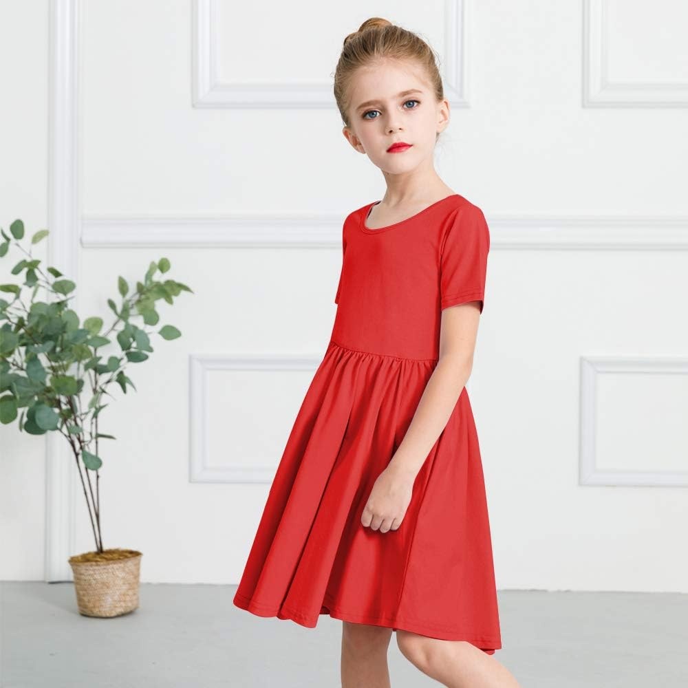 Stelle Girls Cotton Short Sleeve Twirl Skater Dress 3T-12Y(A02-red (Without Pocket))