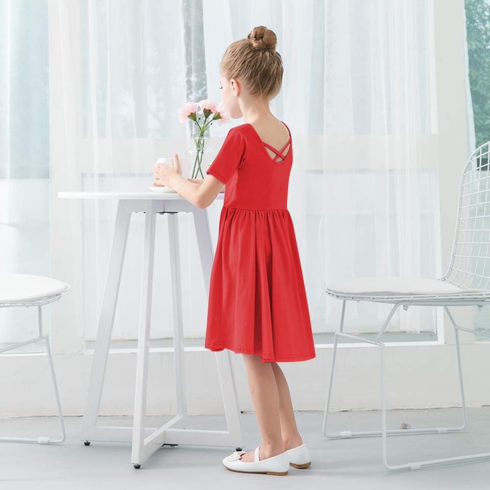 Stelle Girls Cotton Short Sleeve Twirl Skater Dress 3T-12Y(A02-red (Without Pocket))