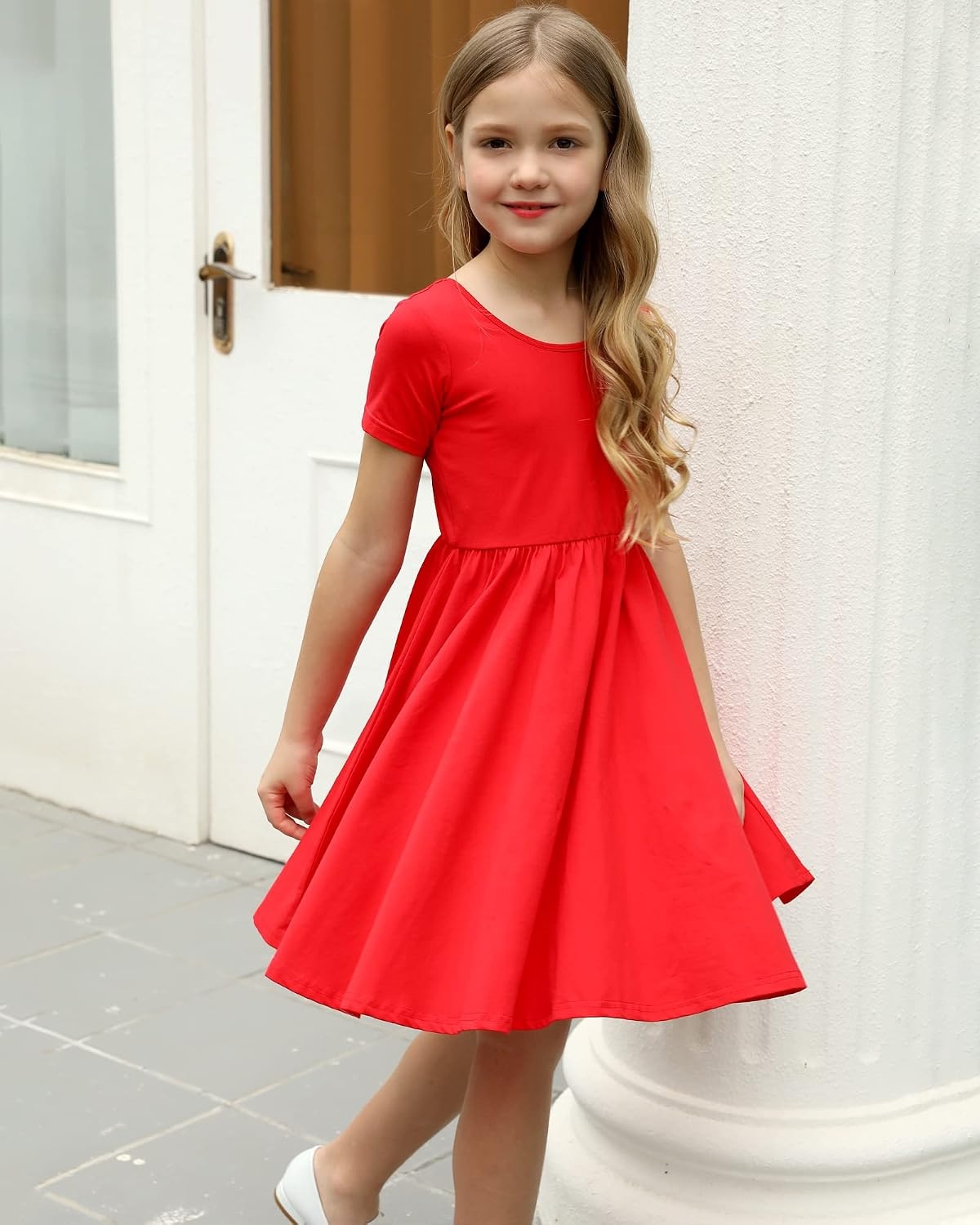 Stelle Girls Cotton Short Sleeve Twirl Skater Dress 3T-12Y(A02-red (Without Pocket))