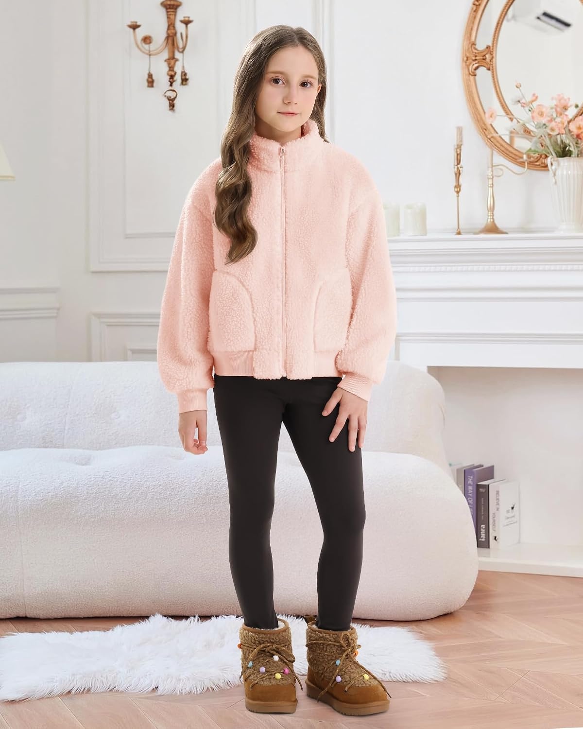Stelle Girls Sherpa Jacket Fleece Coat Full Zip Outerwear with Pockets(Pearl Pink)