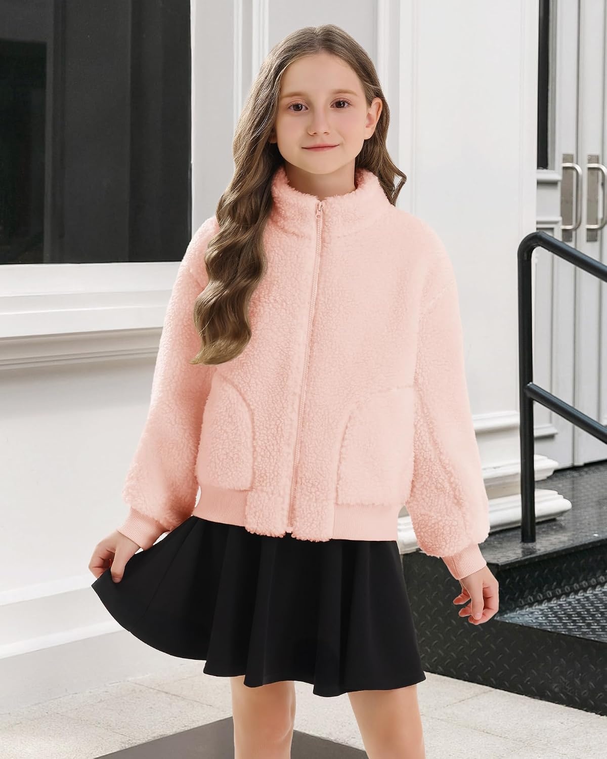 Stelle Girls Sherpa Jacket Fleece Coat Full Zip Outerwear with Pockets(Pearl Pink)