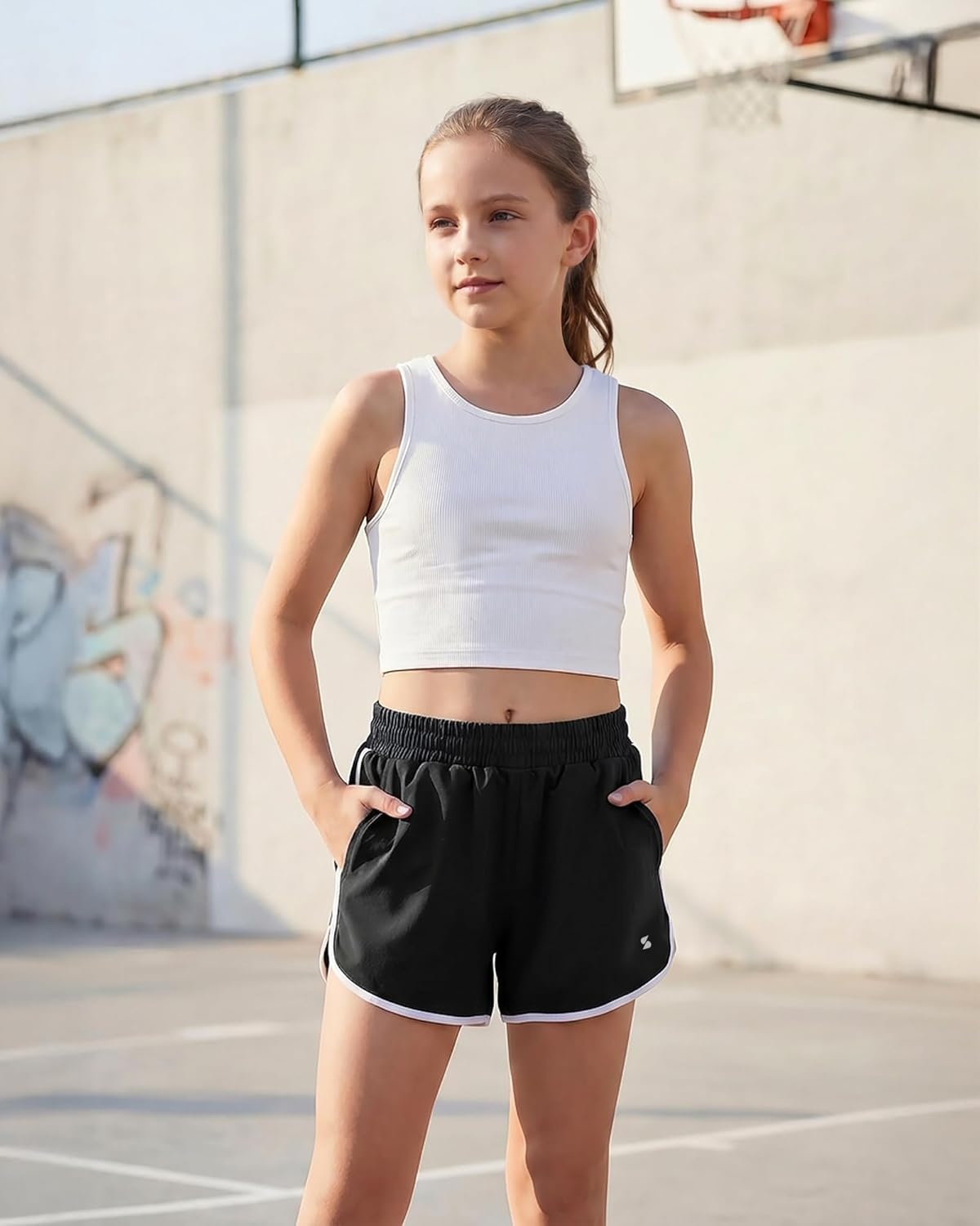 Stelle Girls Athletic Shorts with Pockets Quick Dry Running Shorts Gymnastics Basketball Short for Teen Kids(Black)
